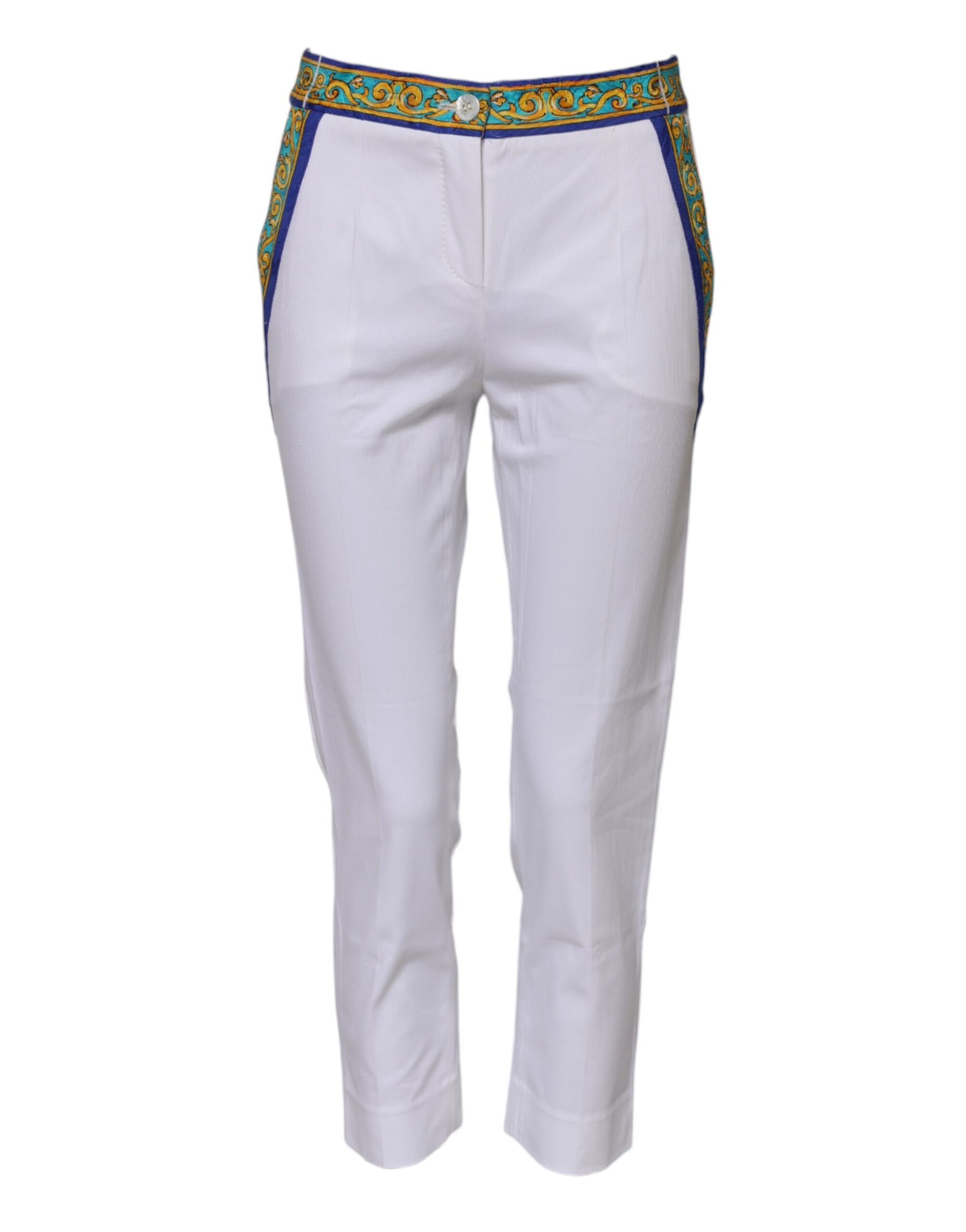 Dolce & Gabbana White Cotton Mid Waist Tapered Trouser Pants | Regal Royce