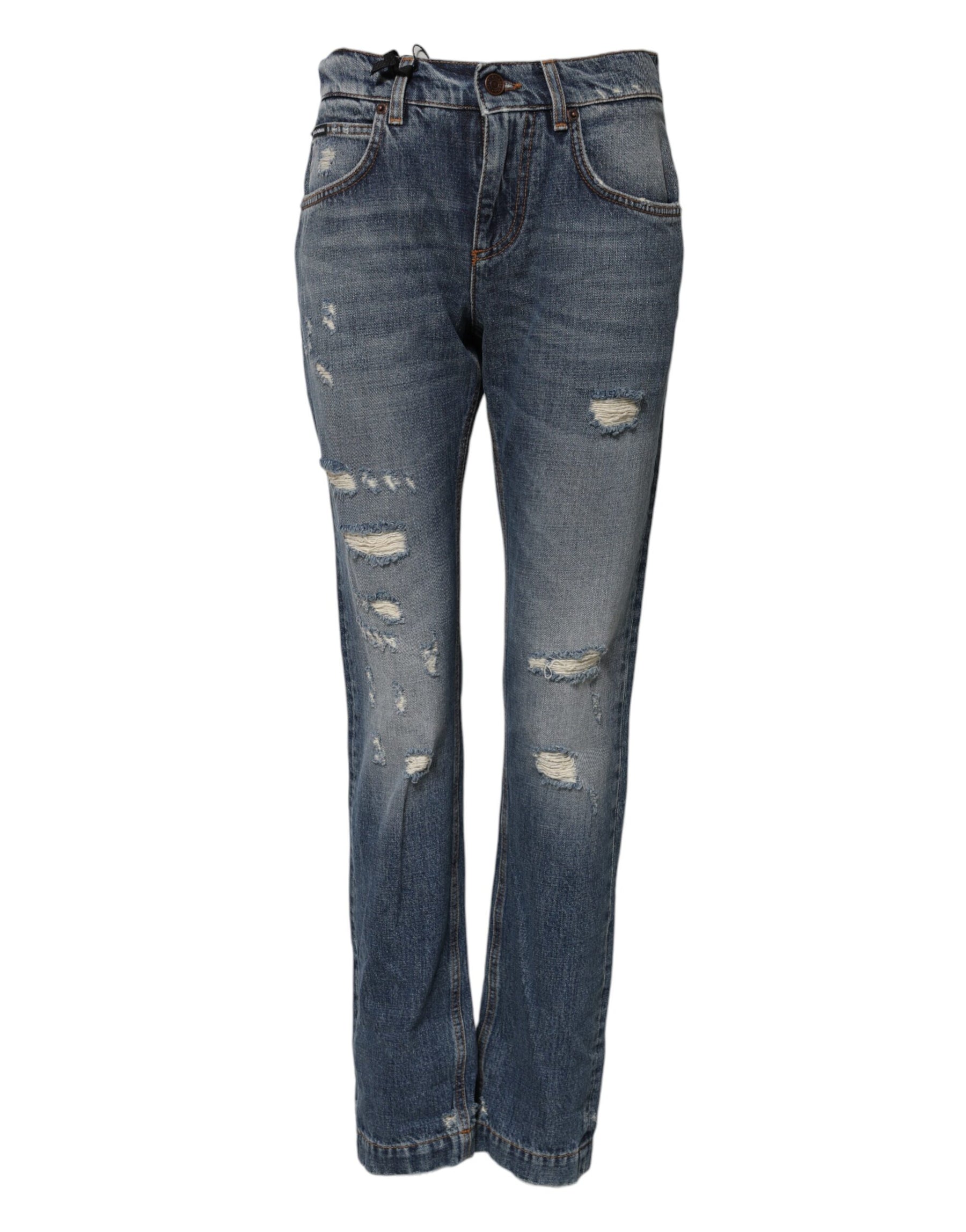 Dolce & Gabbana Blue Cotton Tattered Mid Waist Denim Jeans | Regal Royce