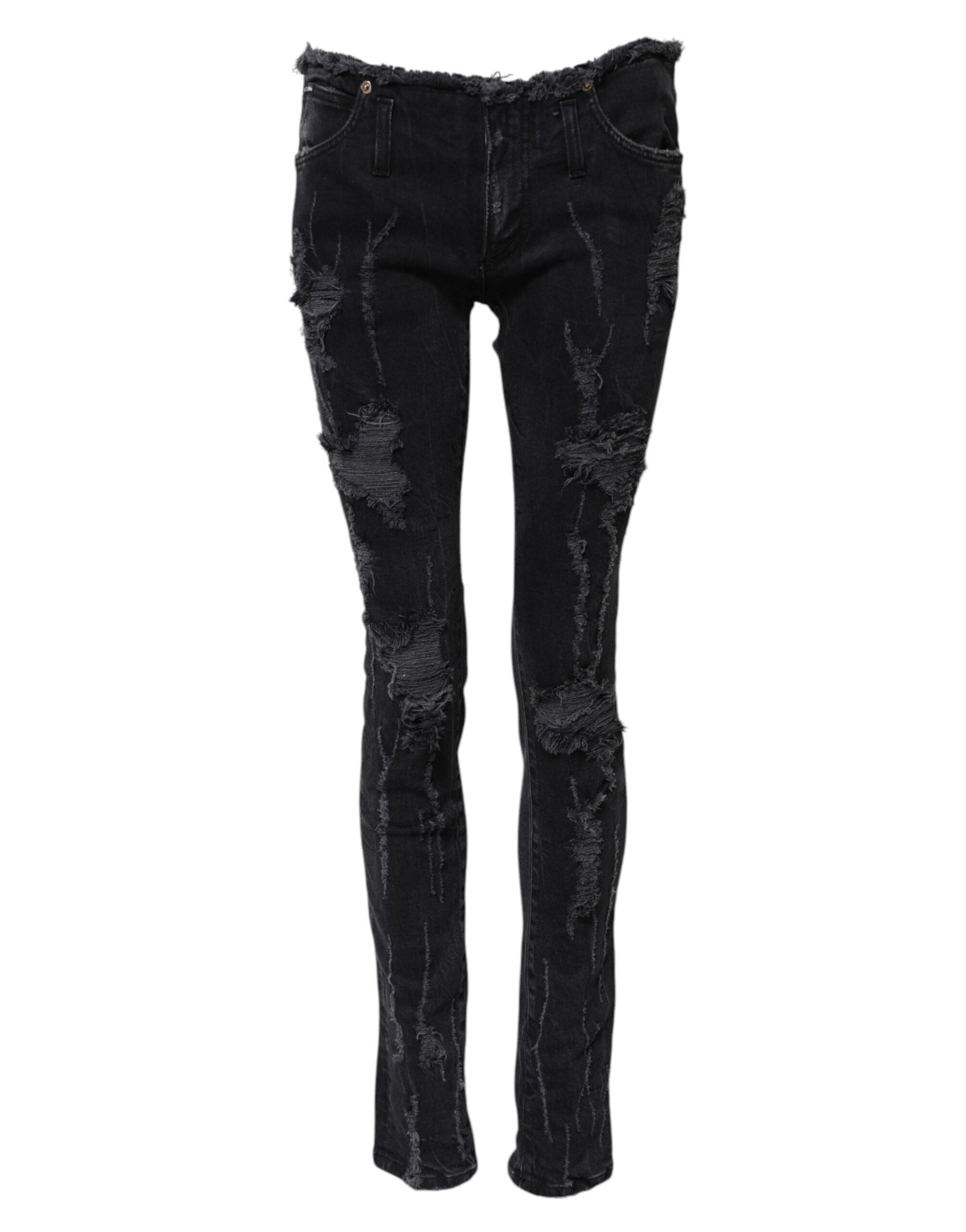 Dolce & Gabbana Black Cotton Tattered Skinny Denim Jeans | Regal Royce