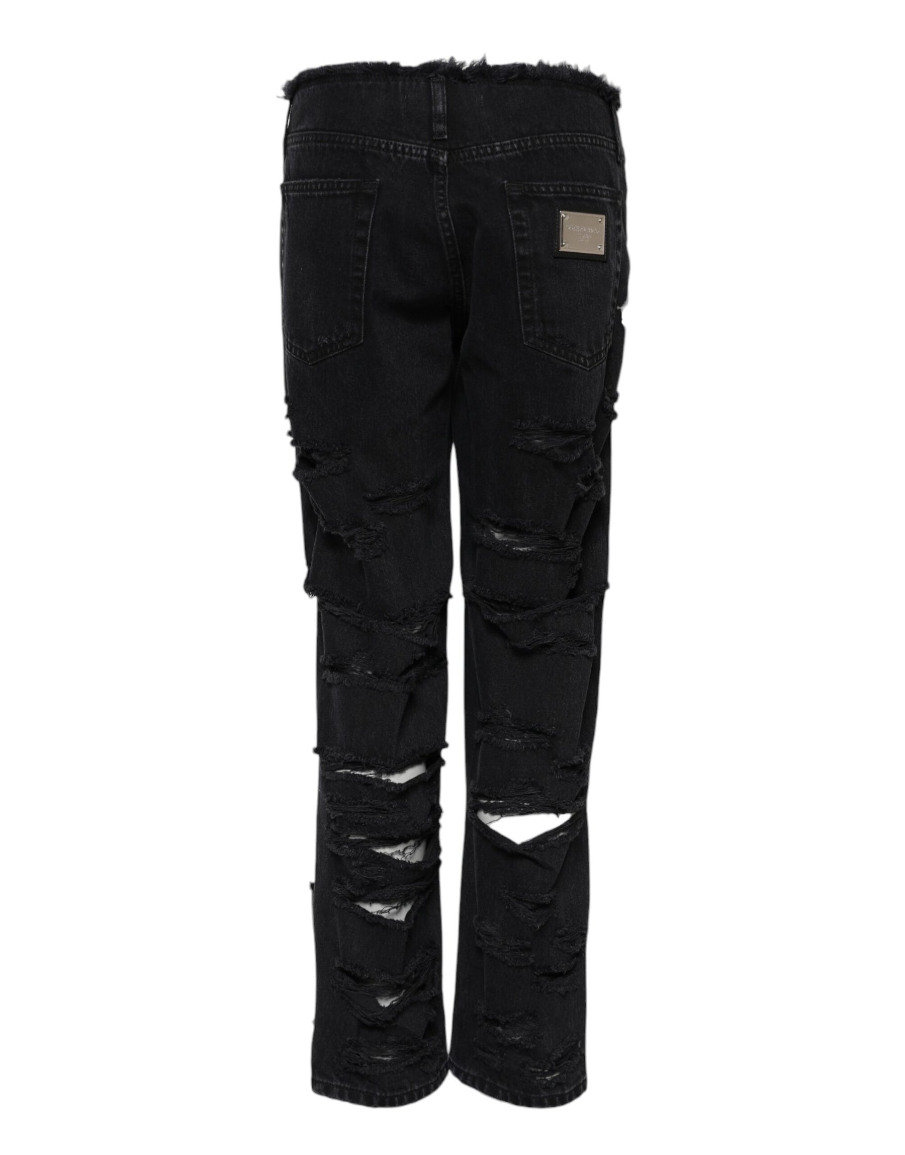 Dolce & Gabbana Black Cotton Tattered Mid Waist Denim Jeans | Regal Royce
