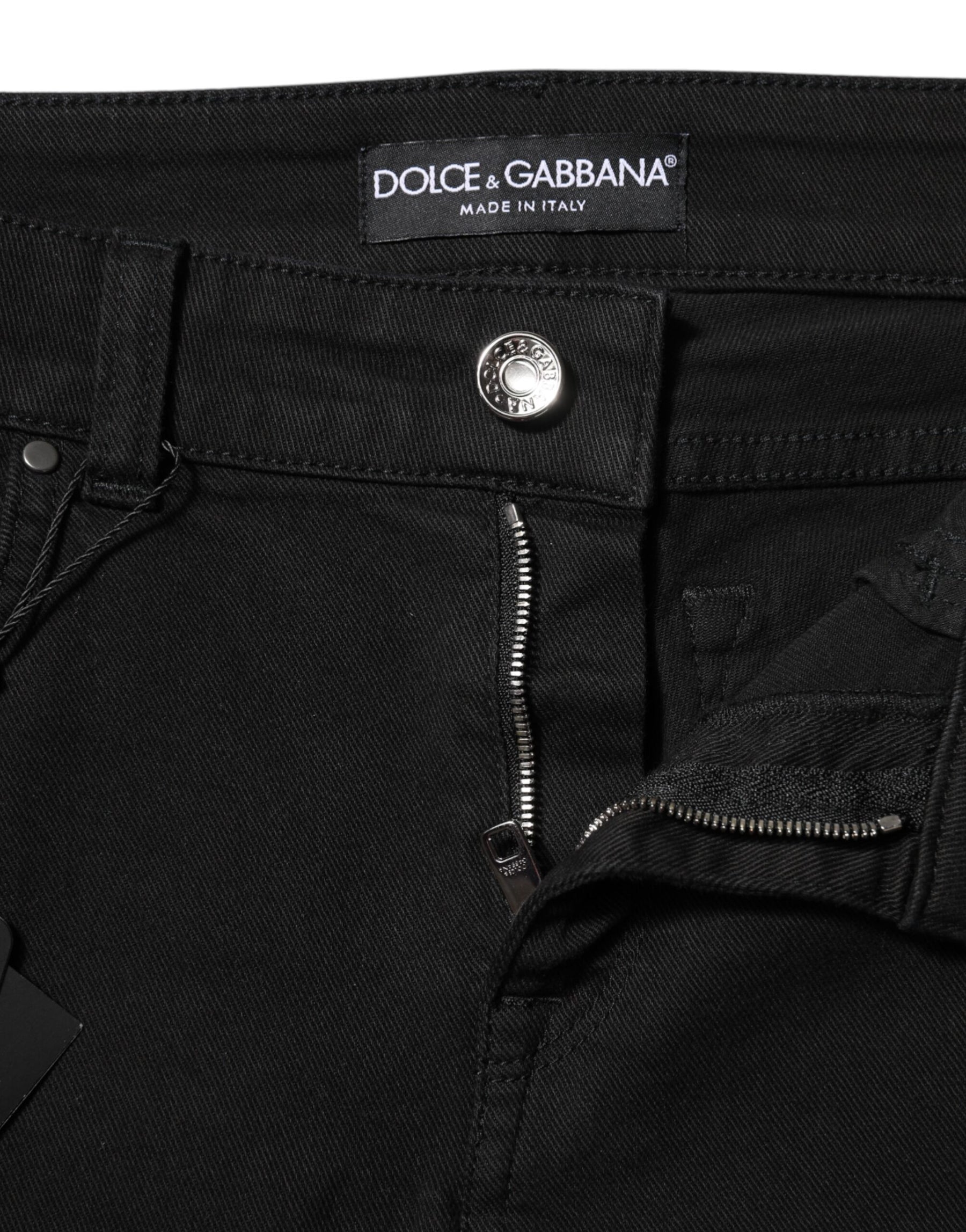 Dolce & Gabbana Black Cotton Logo Skinny Mid Waist Denim Jeans | Regal Royce