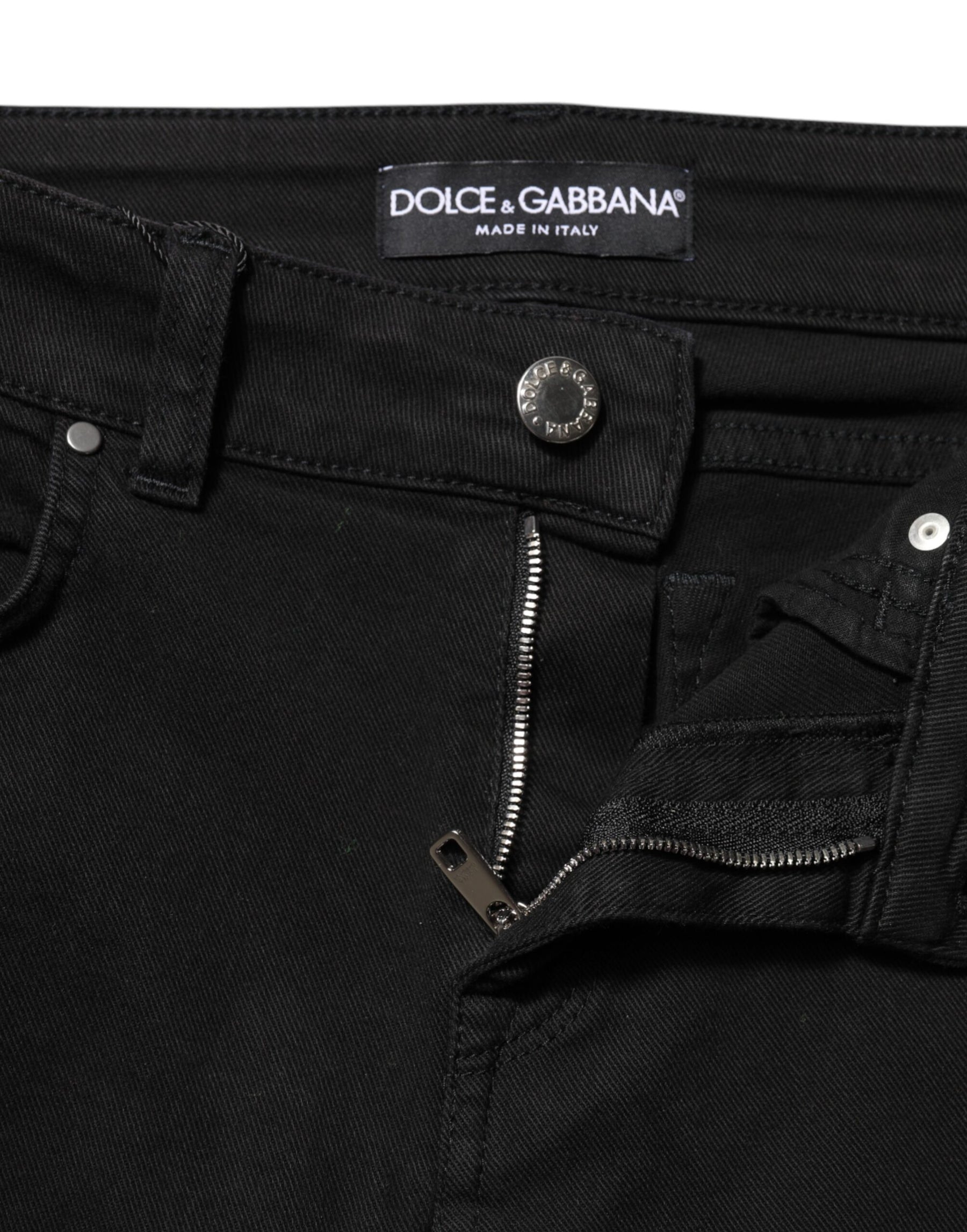 Dolce & Gabbana Black Cotton Logo Skinny Mid Waist Denim Jeans | Regal Royce
