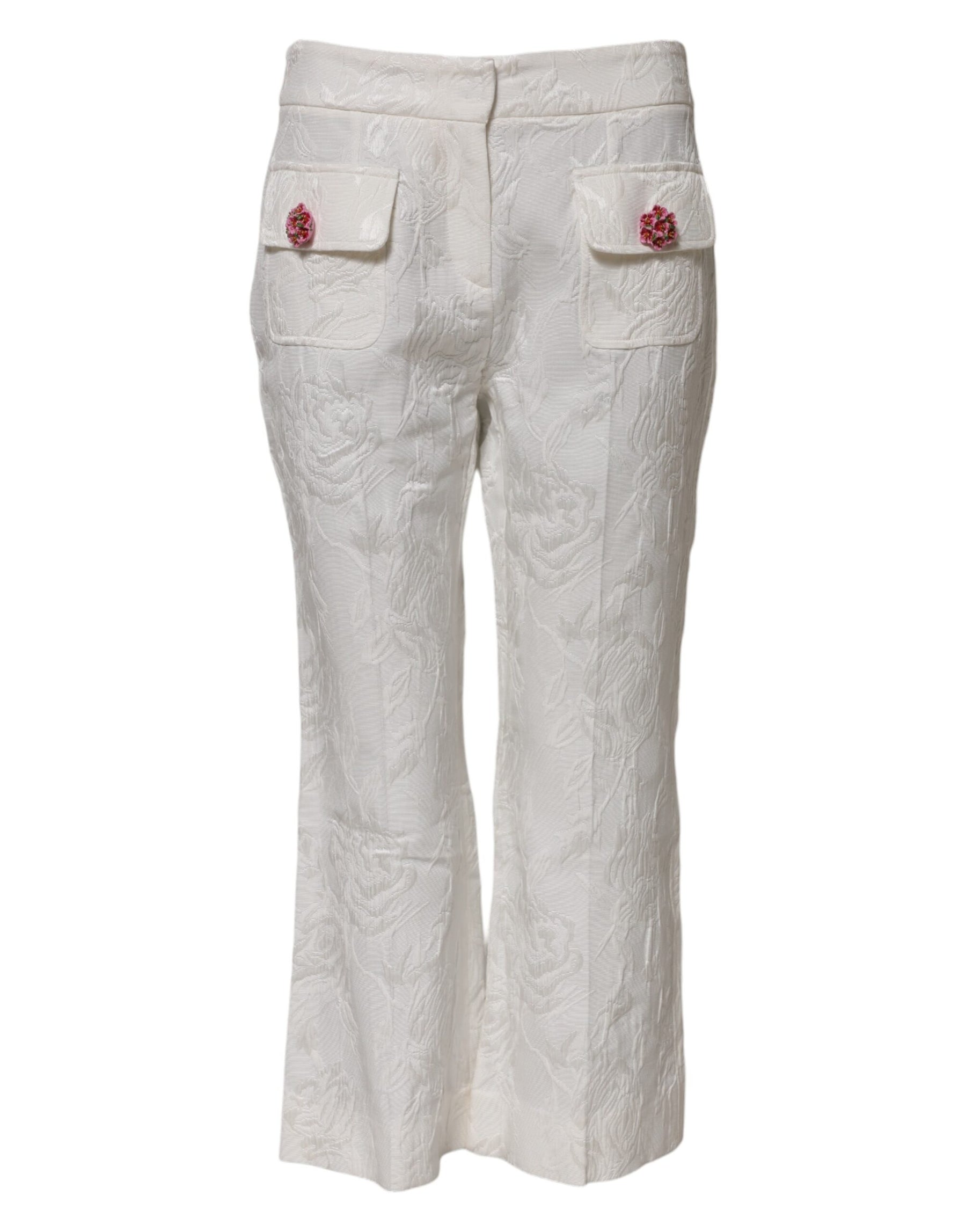 Dolce & Gabbana White Cotton Floral Jacquard Pants | Regal Royce
