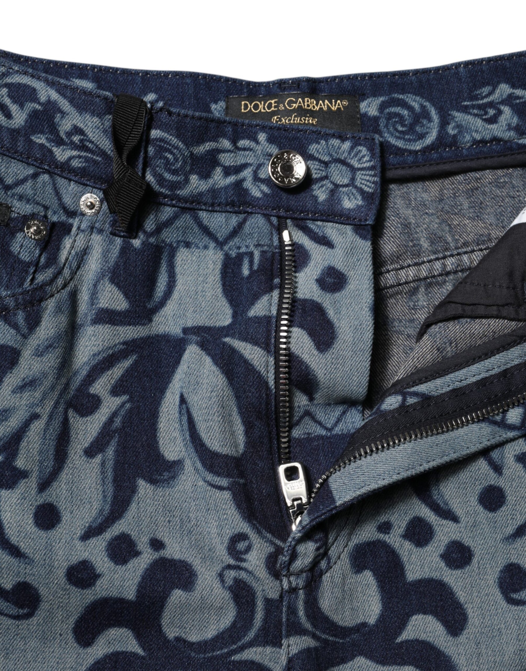 Dolce & Gabbana Blue Graphic Print Tapered Denim Jeans | Regal Royce