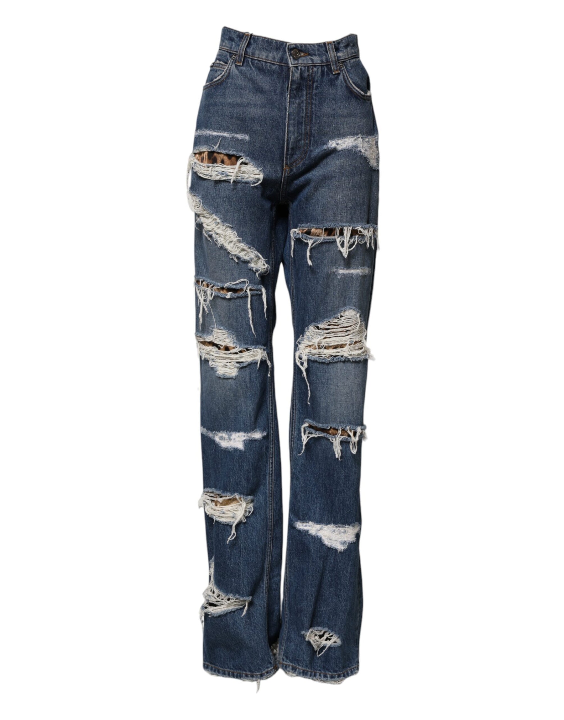 Dolce & Gabbana Blue Tattered Cotton Straight Denim Jeans | Regal Royce