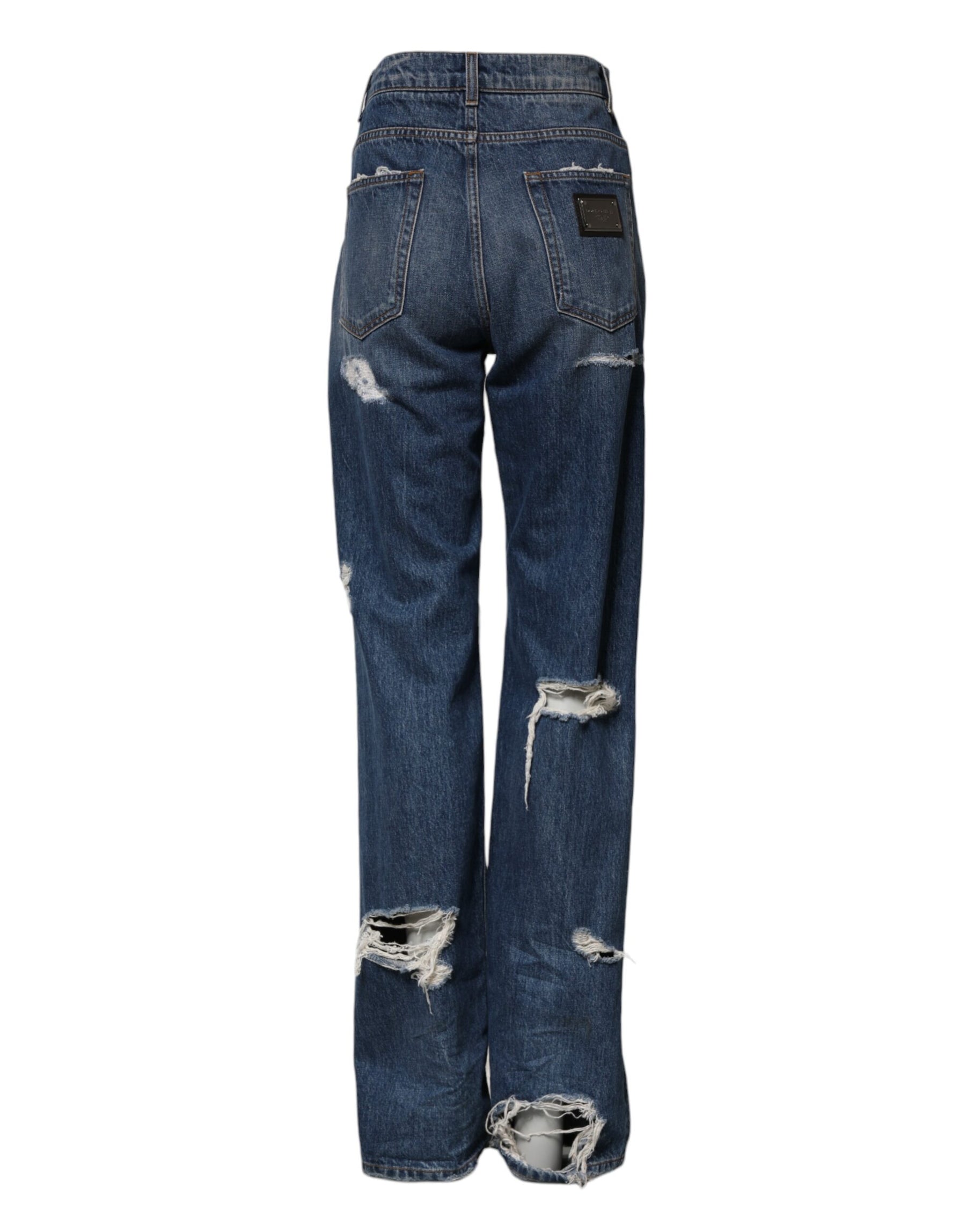 Dolce & Gabbana Blue Tattered Cotton Straight Denim Jeans | Regal Royce