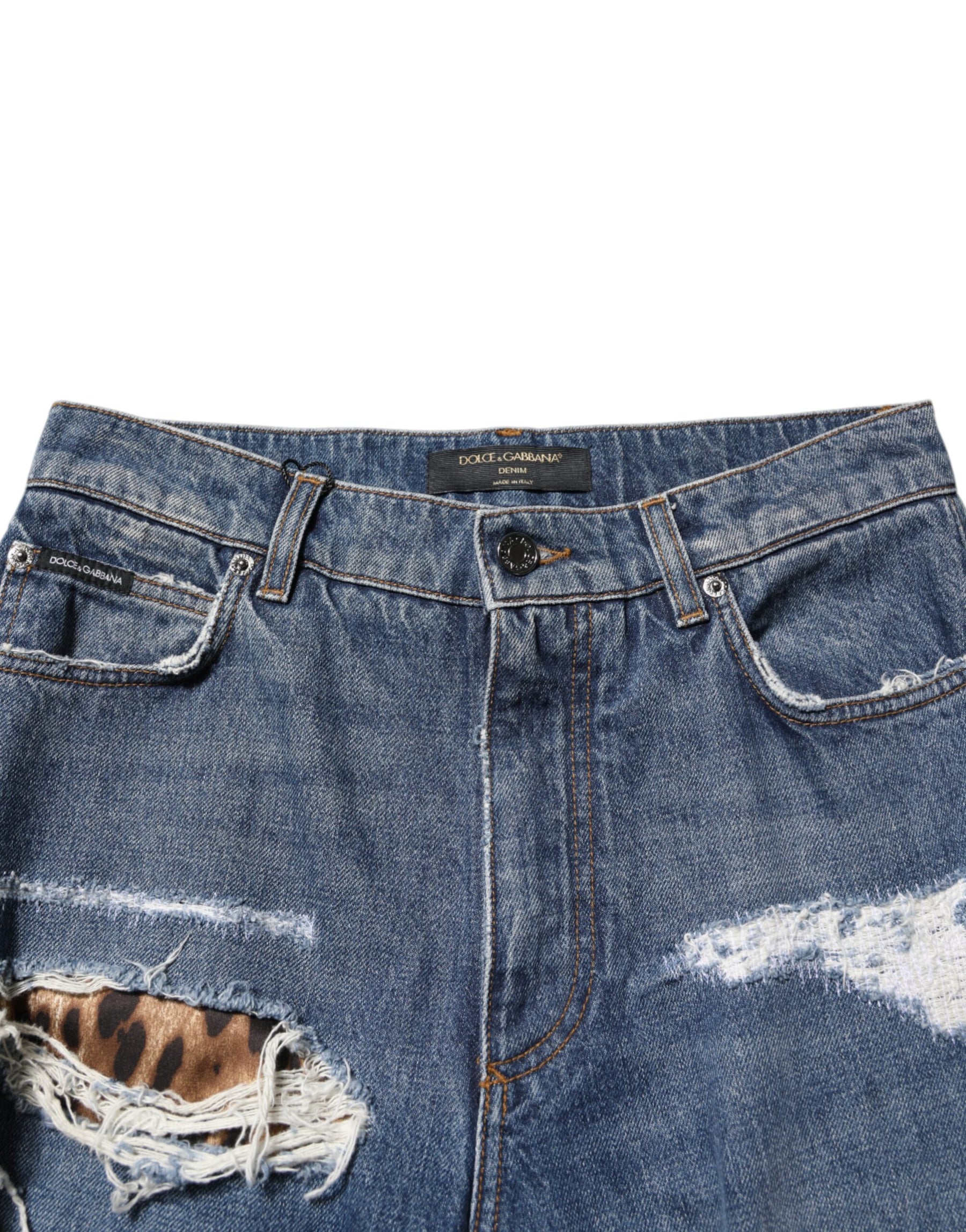 Dolce & Gabbana Blue Tattered Cotton Straight Denim Jeans | Regal Royce