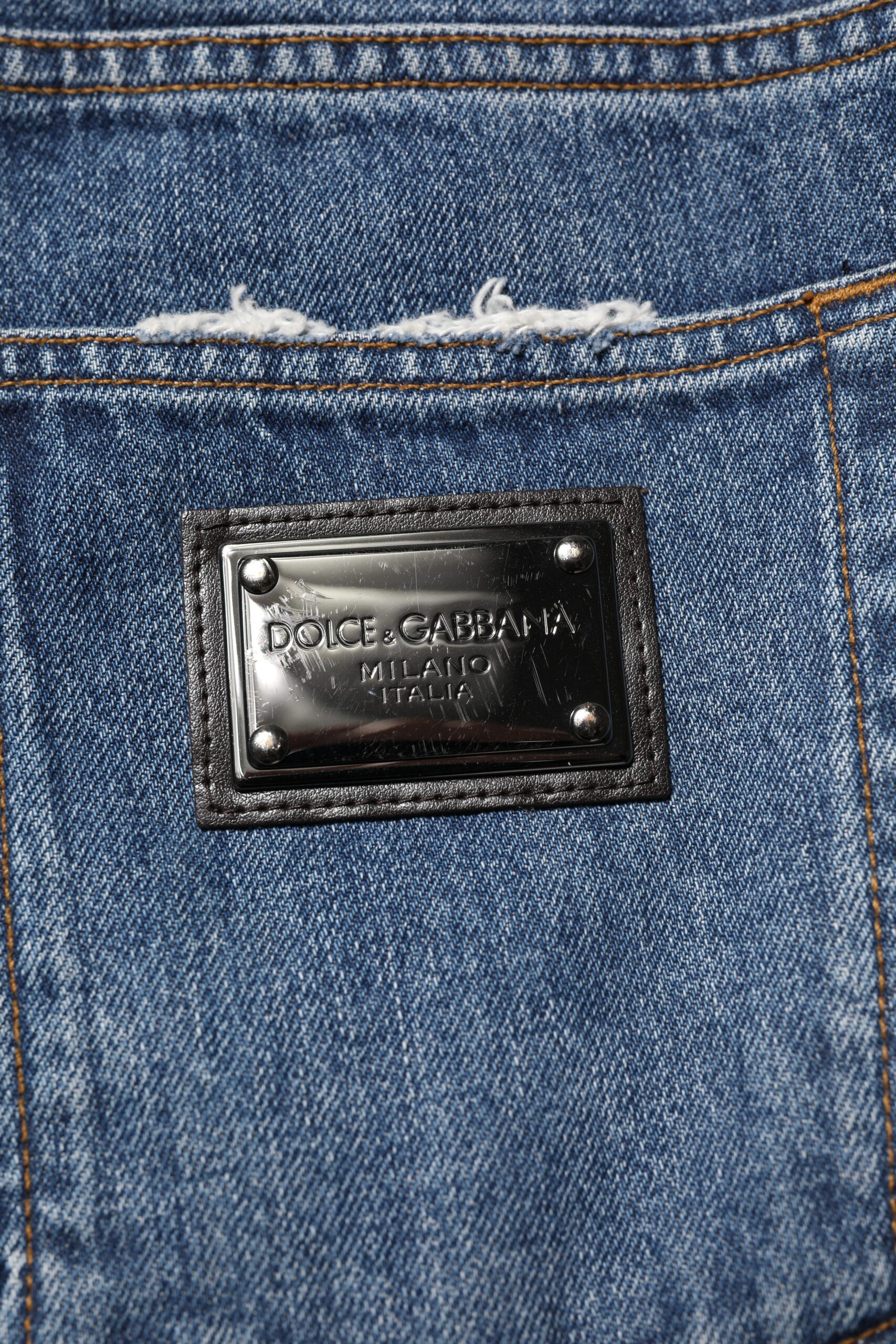 Dolce & Gabbana Blue Tattered Cotton Straight Denim Jeans | Regal Royce