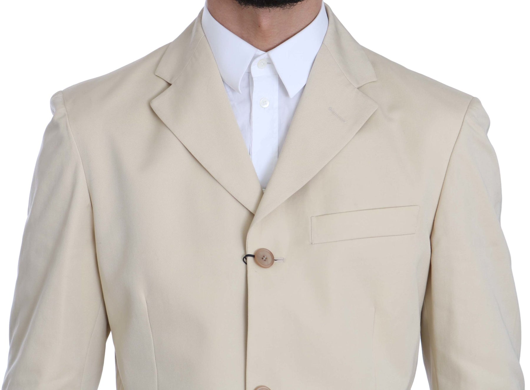 Romeo Gigli Two Piece 3 Button Beige Cotton Solid Suit | Regal Royce