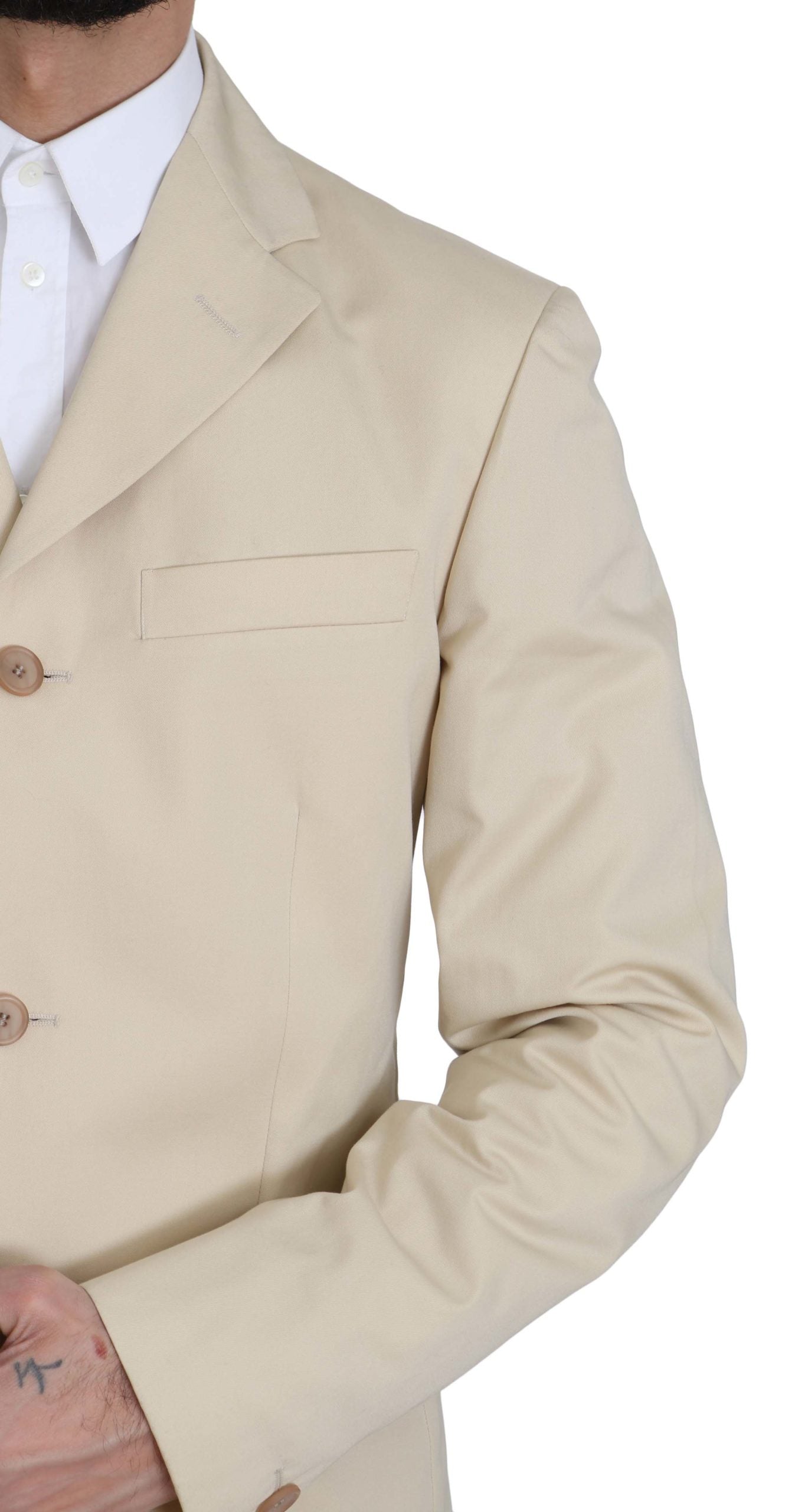 Romeo Gigli Two Piece 3 Button Beige Cotton Solid Suit | Regal Royce