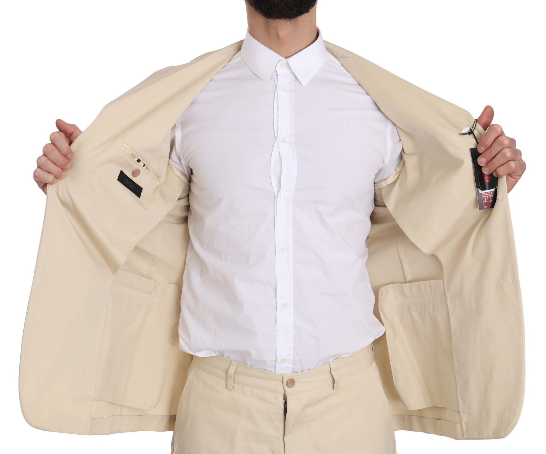 Romeo Gigli Two Piece 3 Button Beige Cotton Solid Suit | Regal Royce