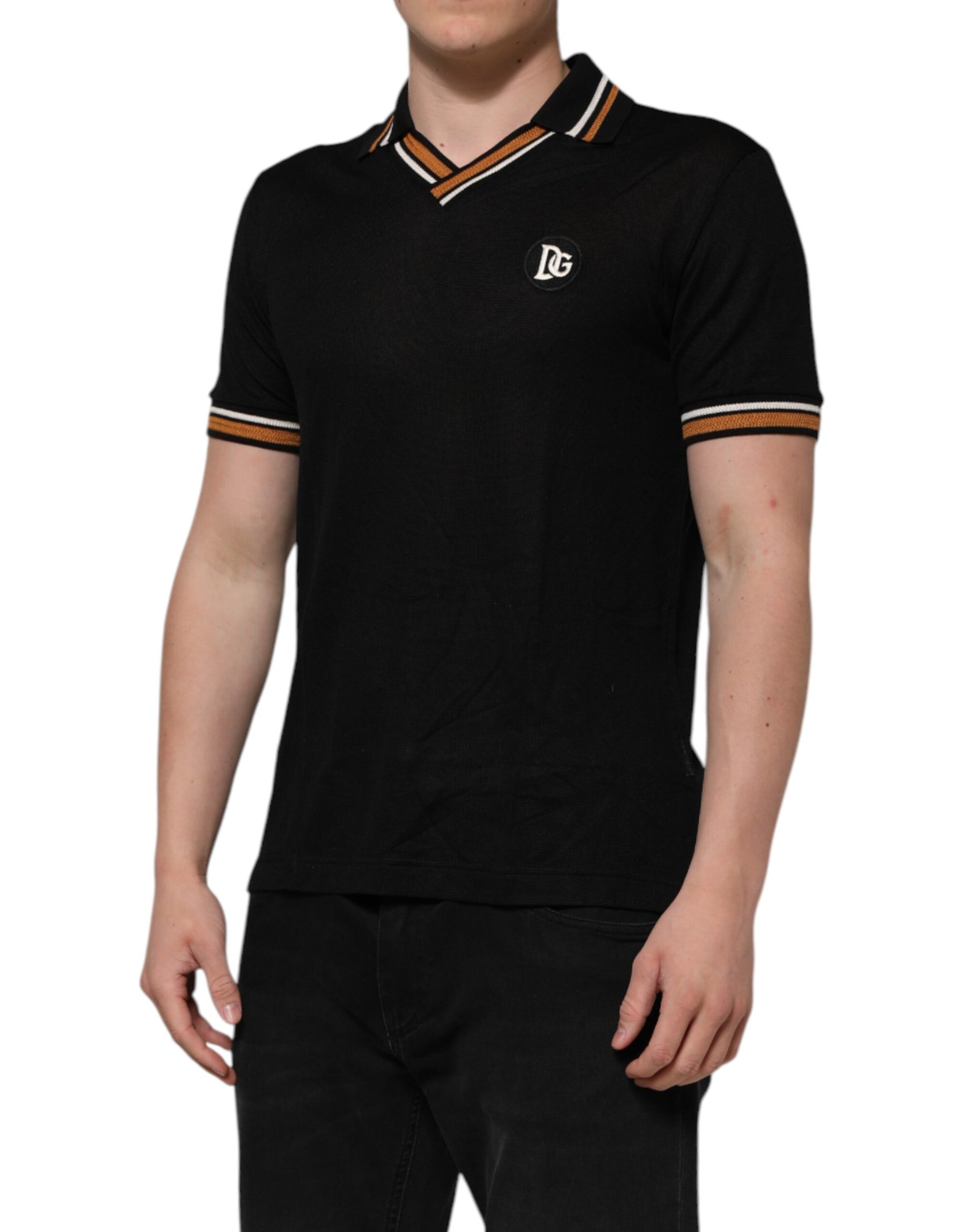 Dolce & Gabbana Black DG Silk Vneck Collared Men Polo T-shirt | Regal Royce