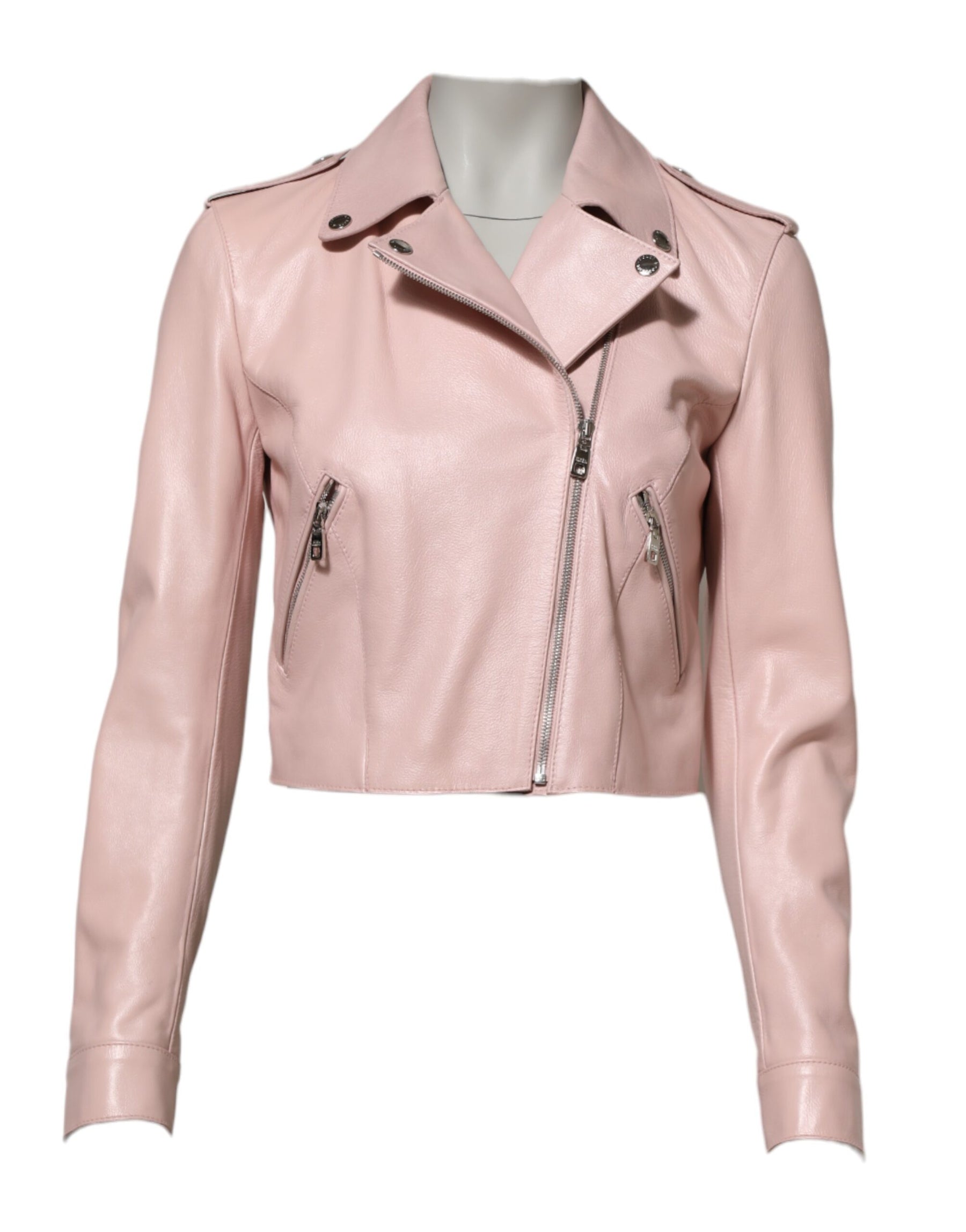 Dolce & Gabbana Light Pink Collar Leather Women Biker Jacket | Regal Royce