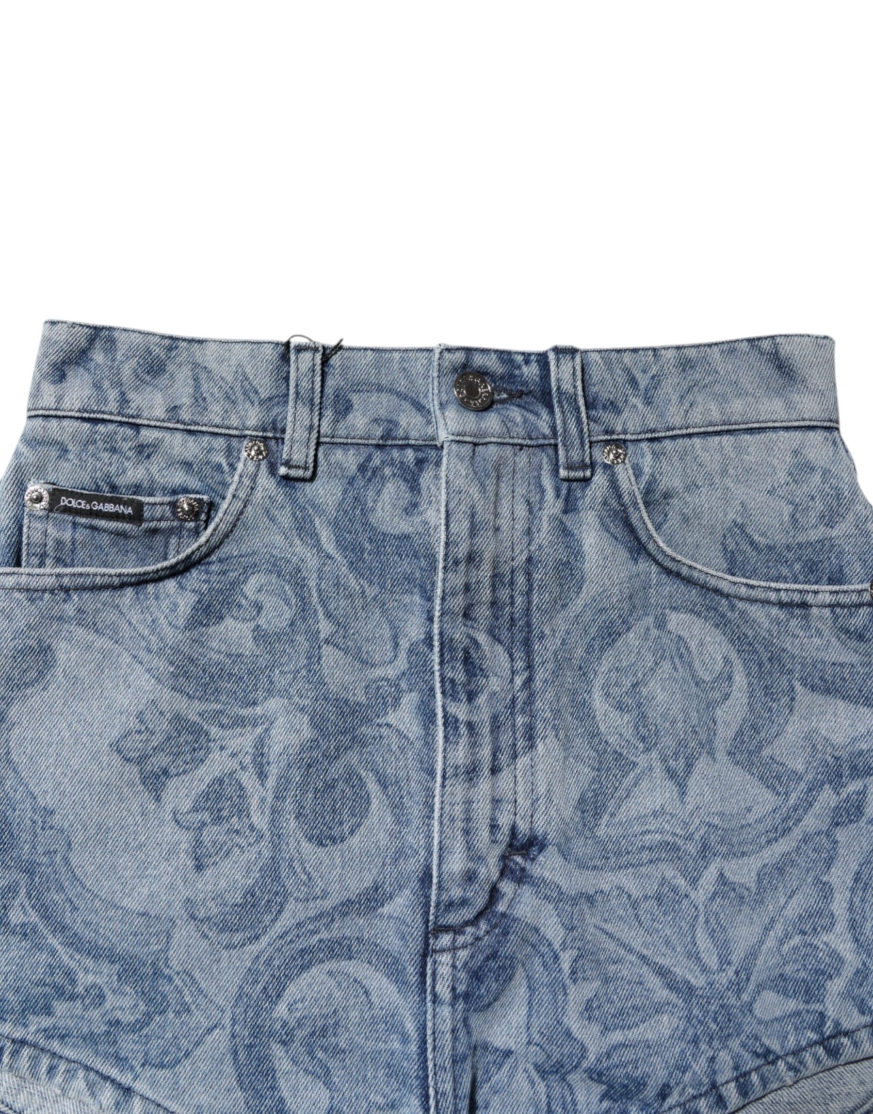 Dolce & Gabbana Blue Floral Print Denim Cotton Hot Pants Shorts | Regal Royce