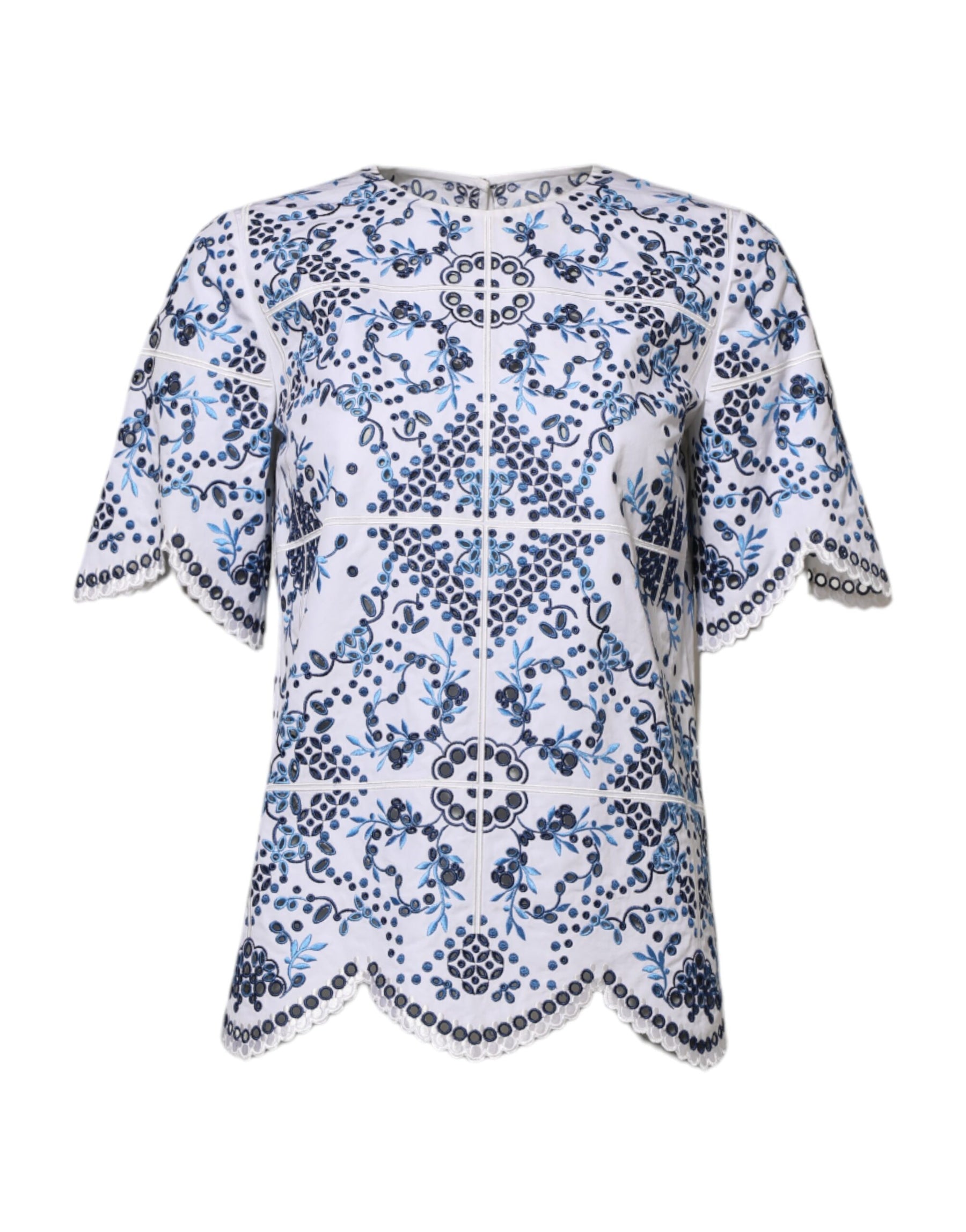 Dolce & Gabbana Blue Lace Eyelet Crew Neck Blouse Top | Regal Royce