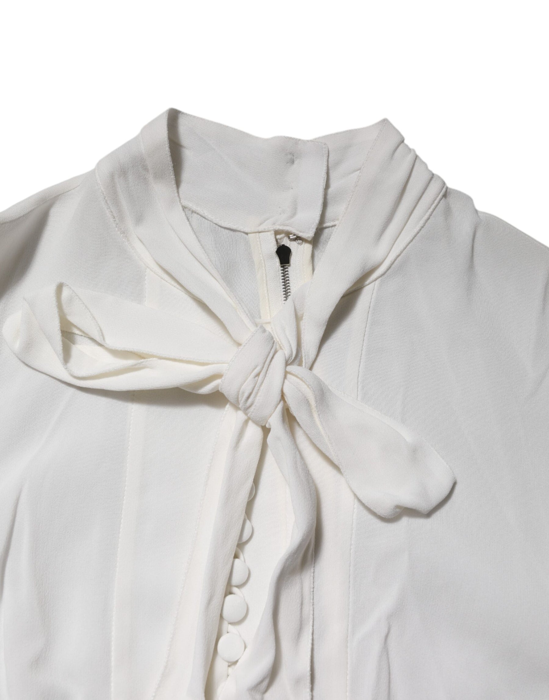 Dolce & Gabbana White Viscose Ascot Collar Long Sleeves Top | Regal Royce