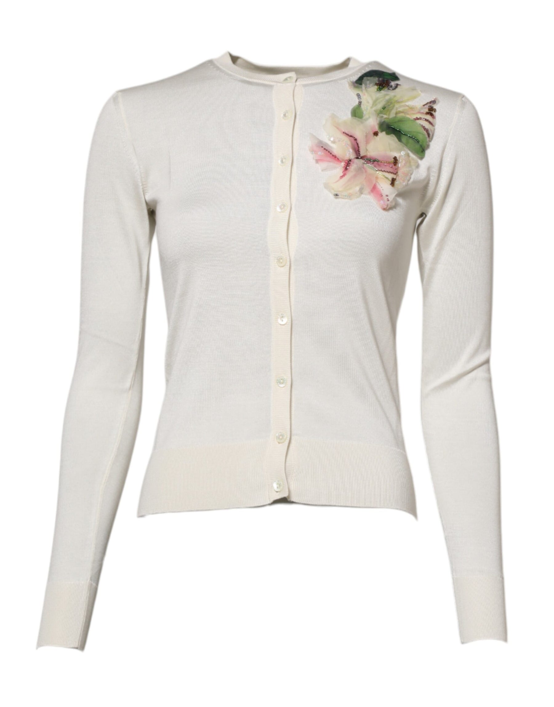 Dolce & Gabbana White Silk Lily Buttoned Cardigan Sweater | Regal Royce