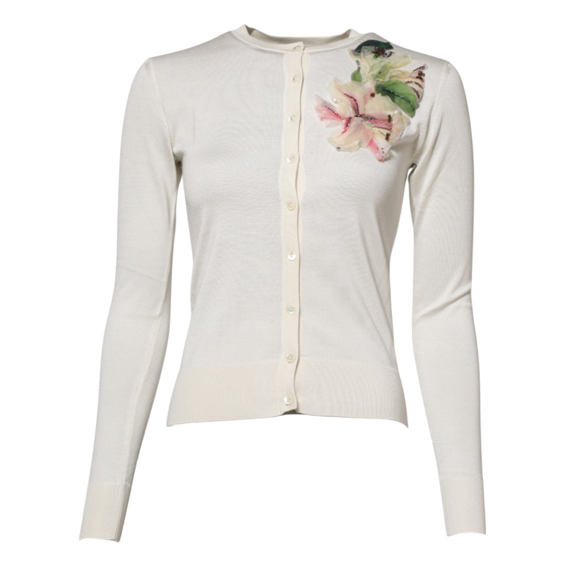 Dolce & Gabbana White Silk Lily Buttoned Cardigan Sweater | Regal Royce