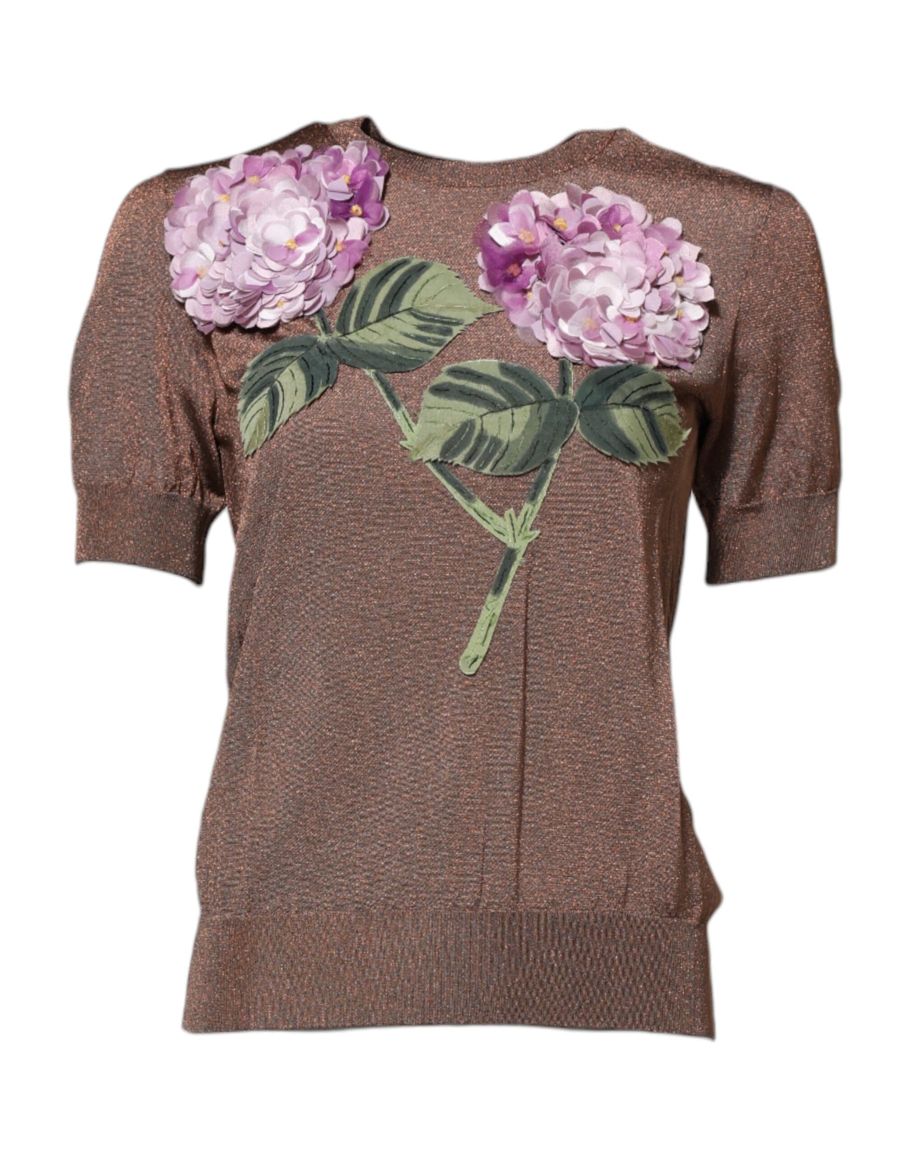 Dolce & Gabbana Brown Lily Embellished Round Neck Blouse Top | Regal Royce