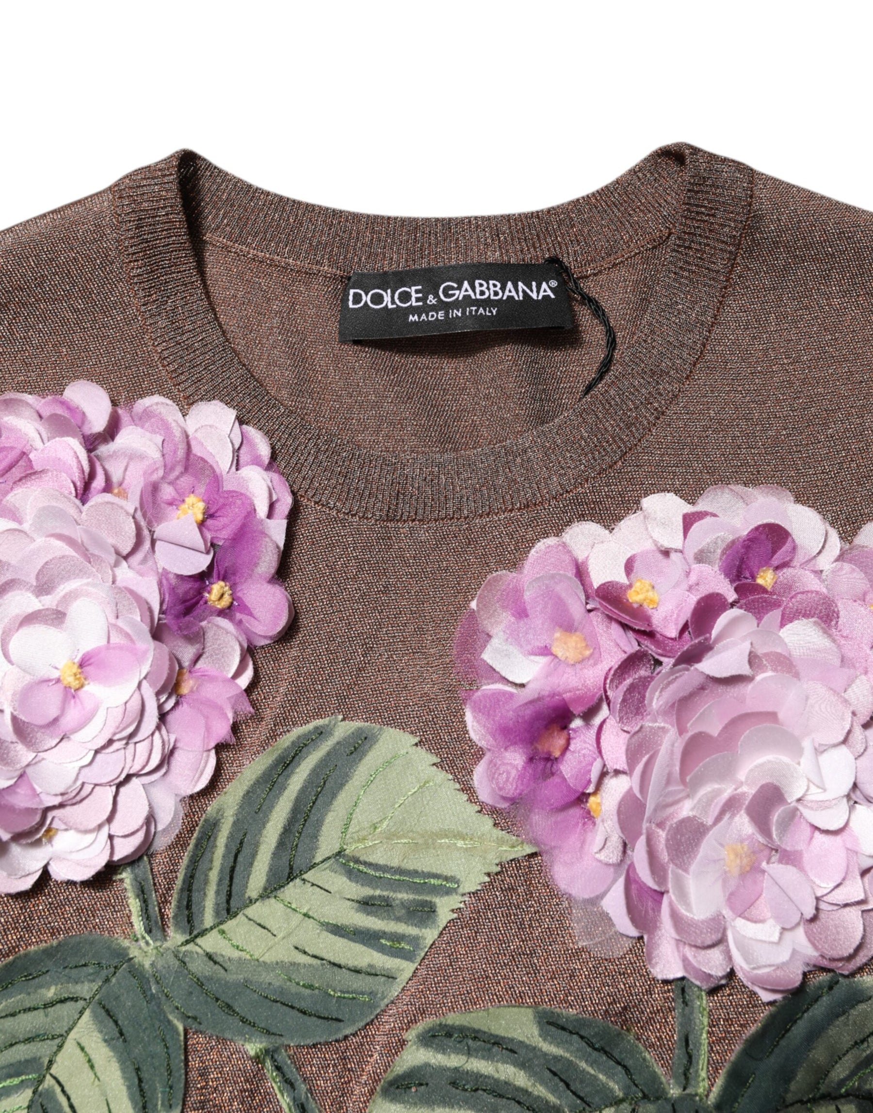 Dolce & Gabbana Brown Lily Embellished Round Neck Blouse Top | Regal Royce