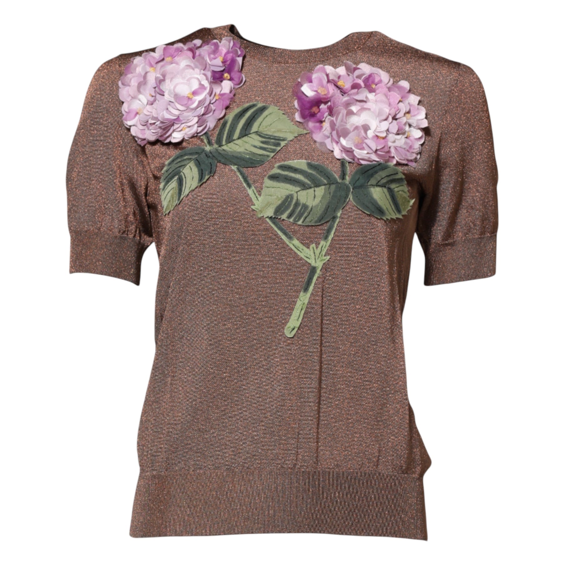 Dolce & Gabbana Brown Lily Embellished Round Neck Blouse Top | Regal Royce