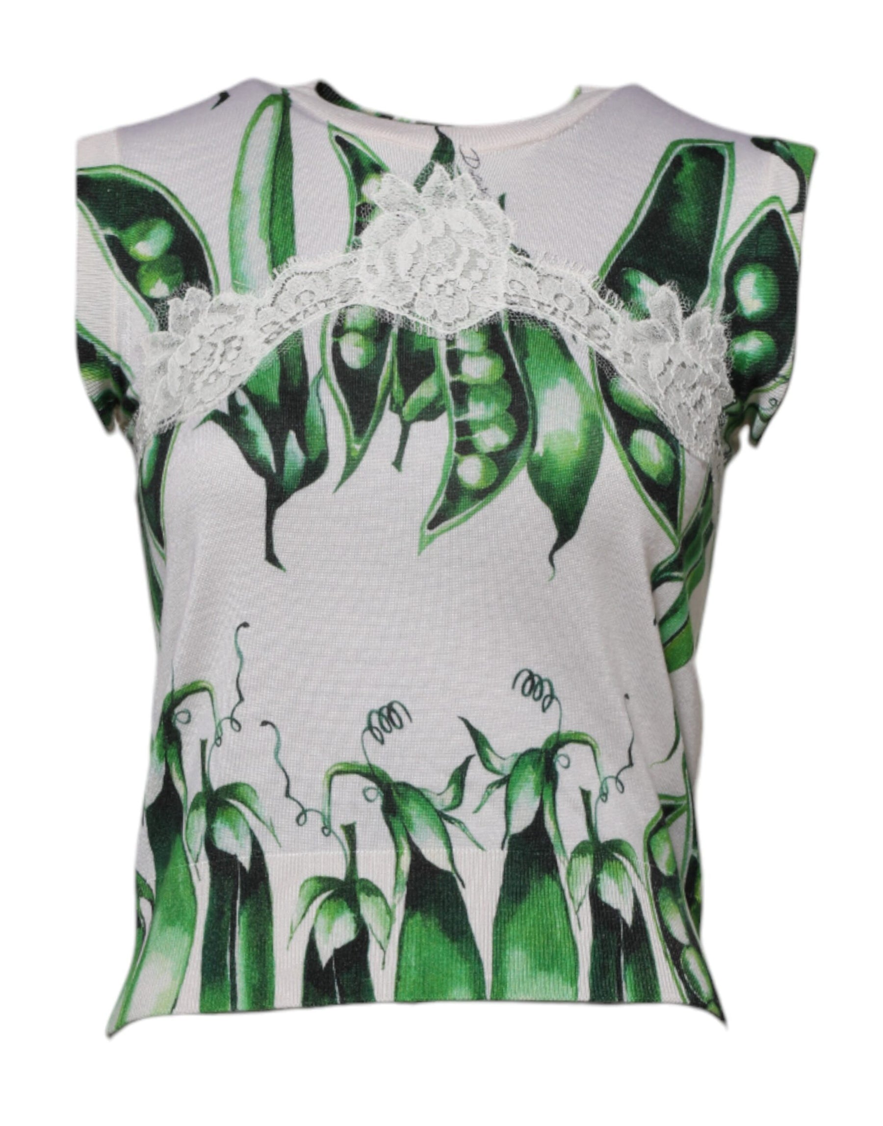 Dolce & Gabbana White Green Pea Print Sleeveless Blouse Top | Regal Royce