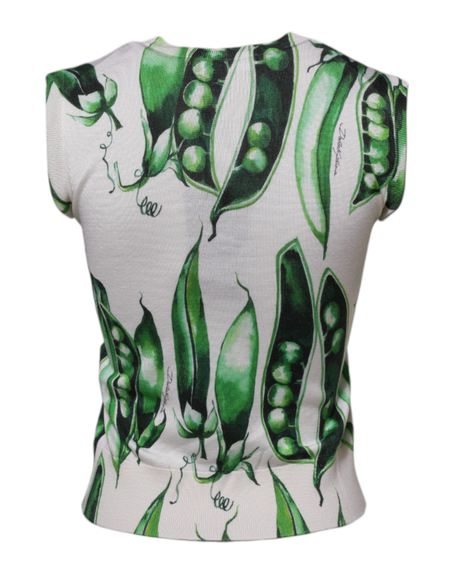 Dolce & Gabbana White Green Pea Print Sleeveless Blouse Top | Regal Royce