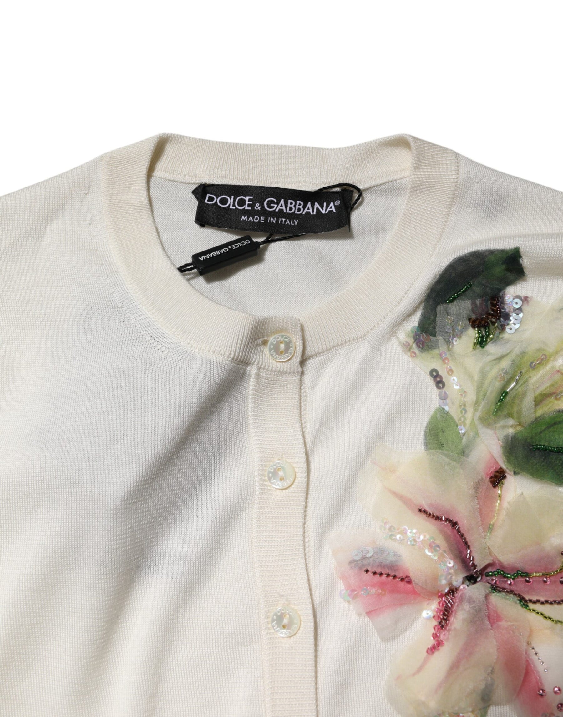 Dolce & Gabbana White Silk Lily Embellished Cardigan Sweater | Regal Royce