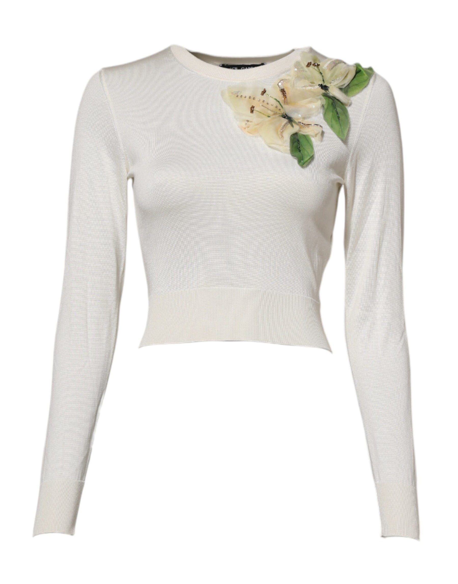 Dolce & Gabbana White Silk Lily Embellished Pullover Sweater | Regal Royce