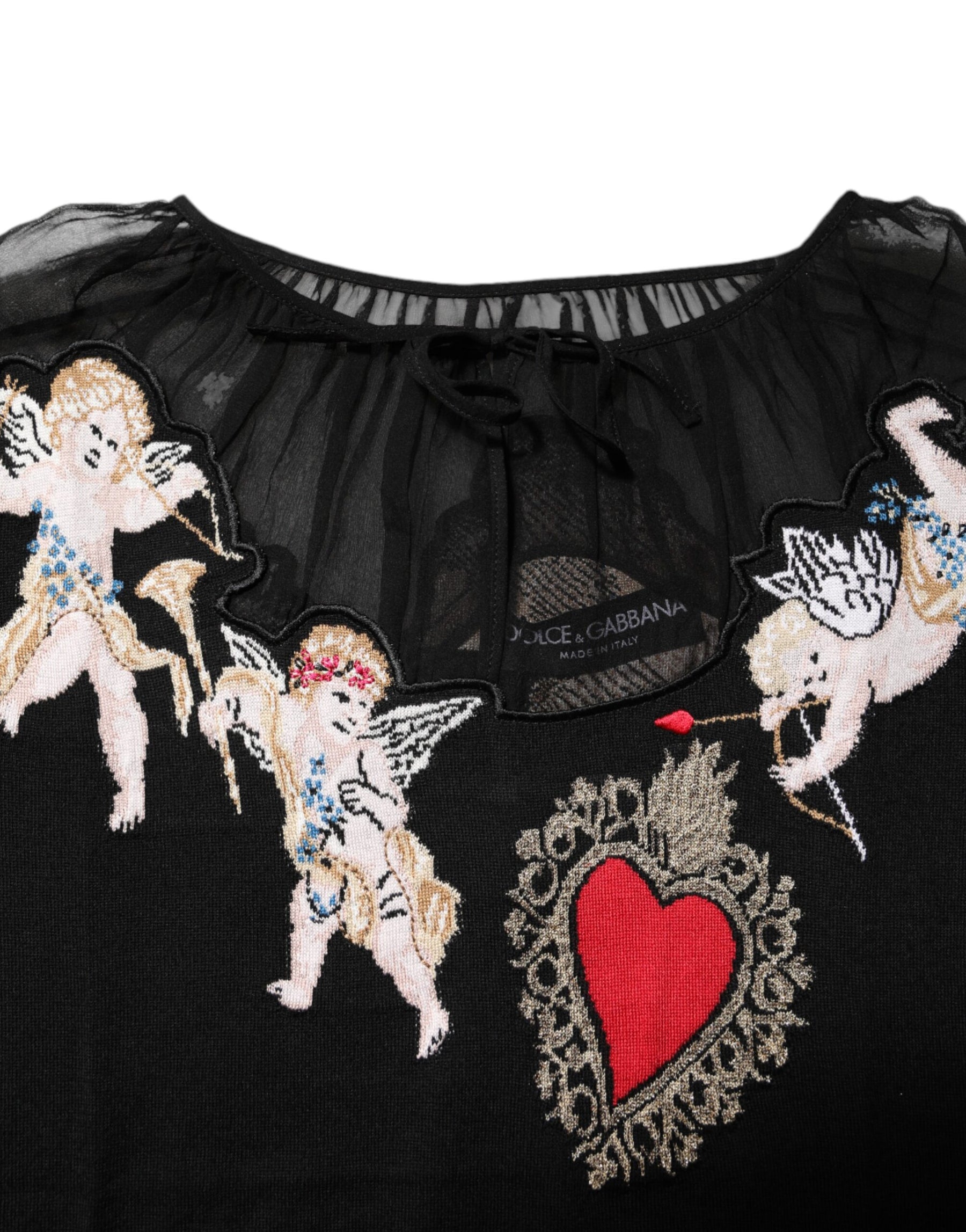 Dolce & Gabbana Black Sacred Heart Embroidered Crewneck Top | Regal Royce