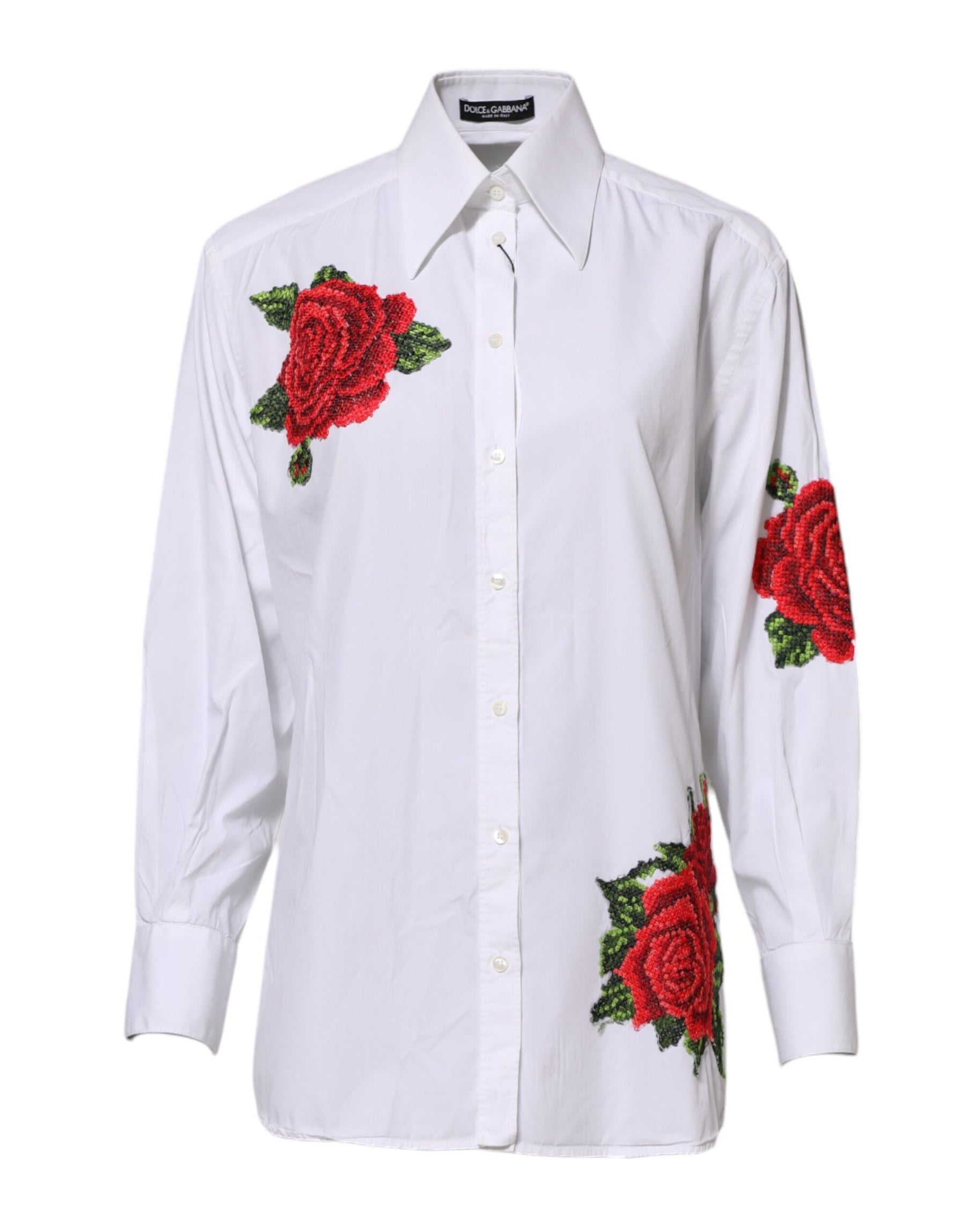 Dolce & Gabbana White Rose Embroidery Collared Shirt Top | Regal Royce