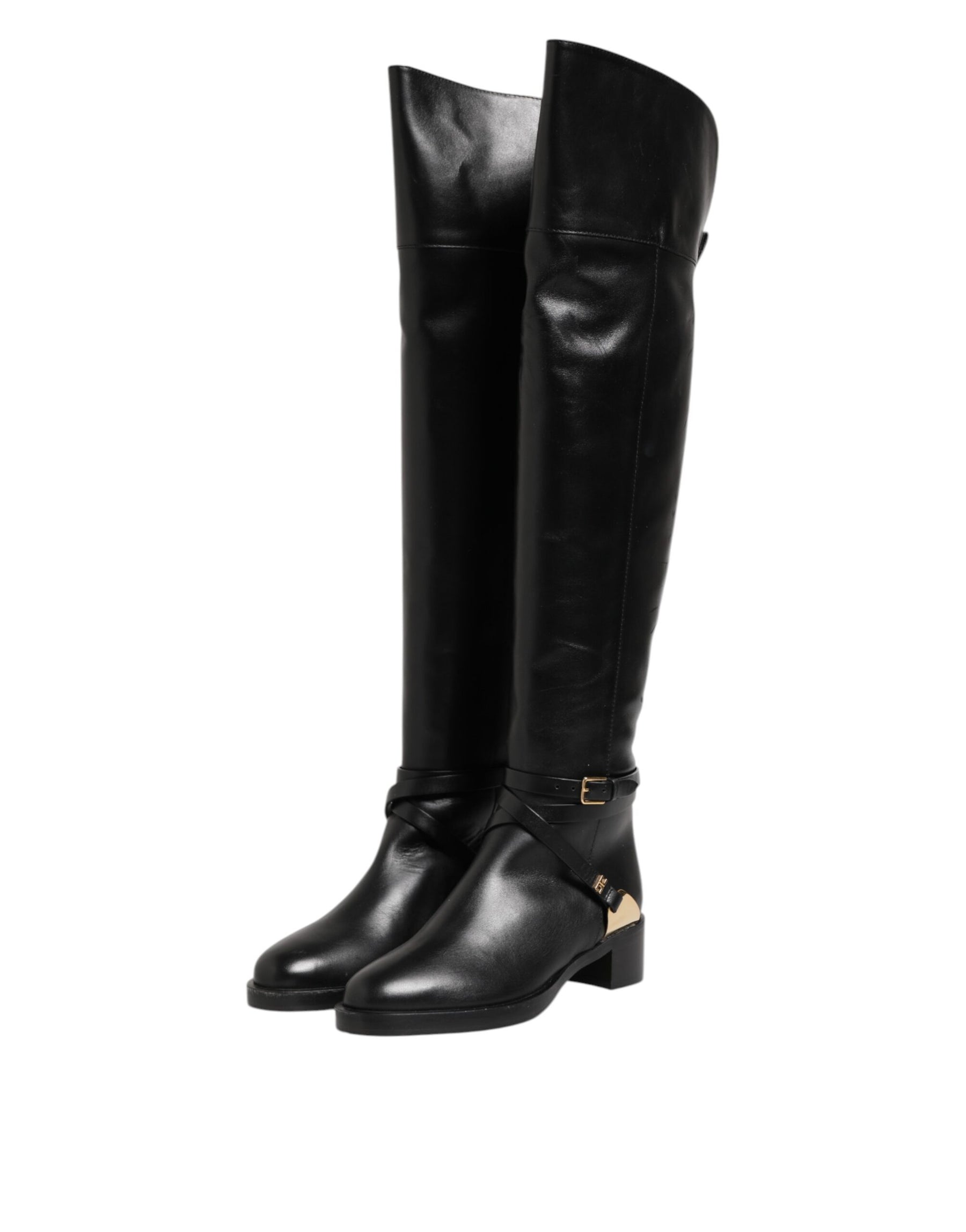 Elisabetta Franchi Black Leather Buckled High Boots Shoes | Regal Royce