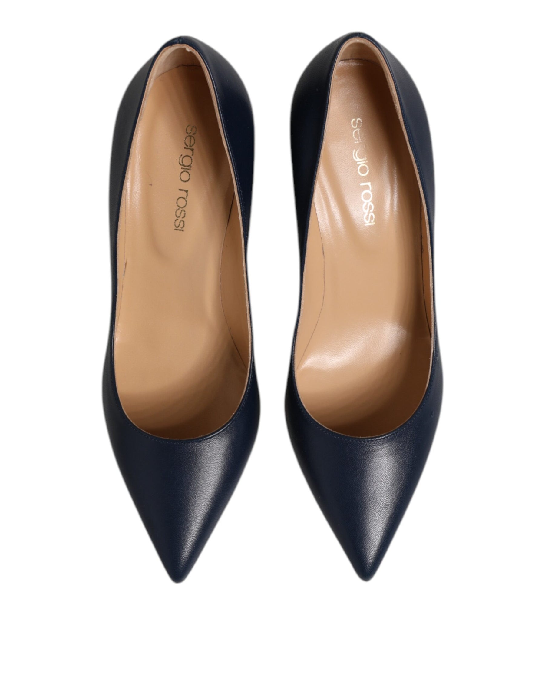 Sergio Rossi Blue Leather Pointed Toe Block Heels Shoes | Regal Royce