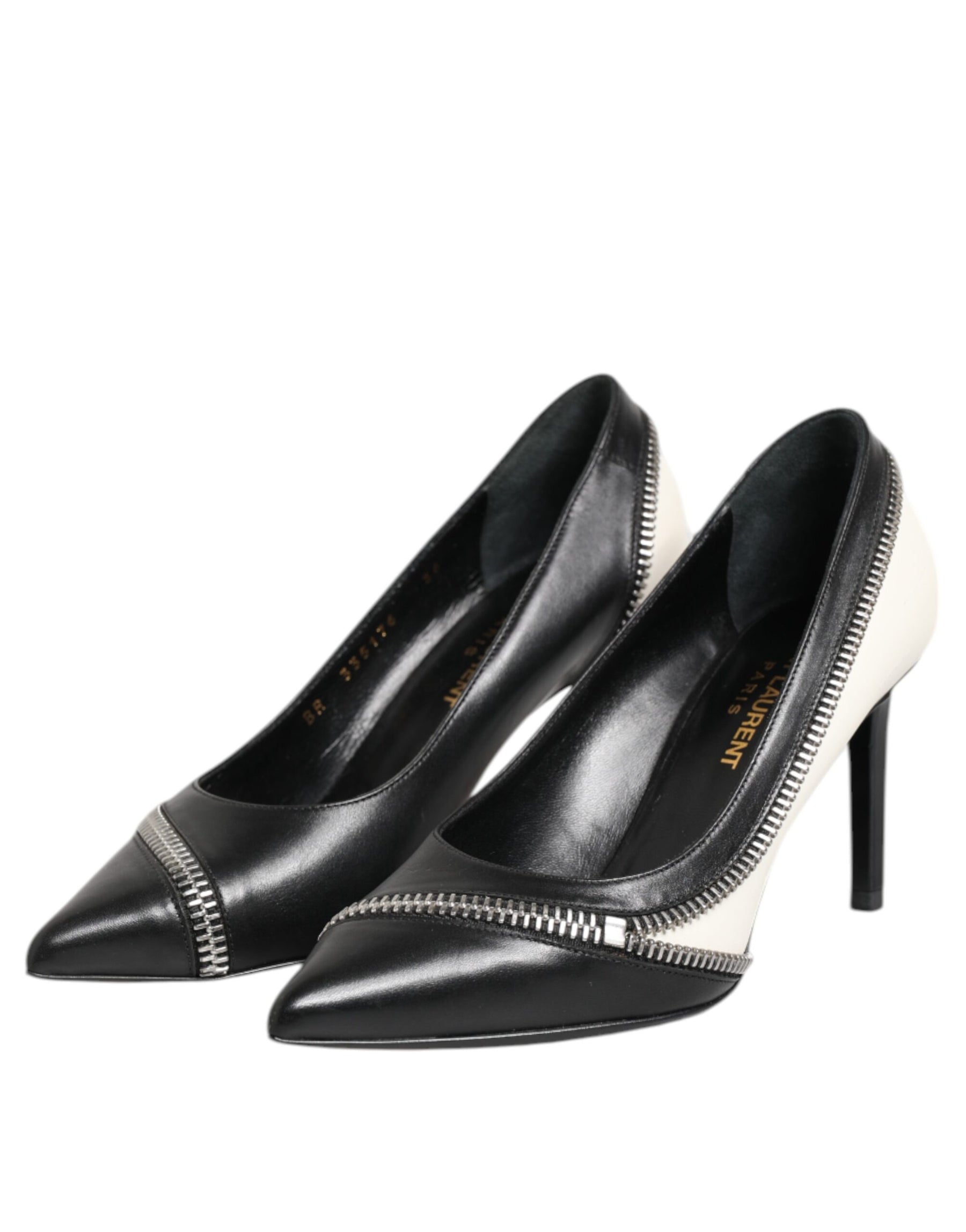 Saint Laurent White Black Leather Pointed Toe Heels Shoes | Regal Royce