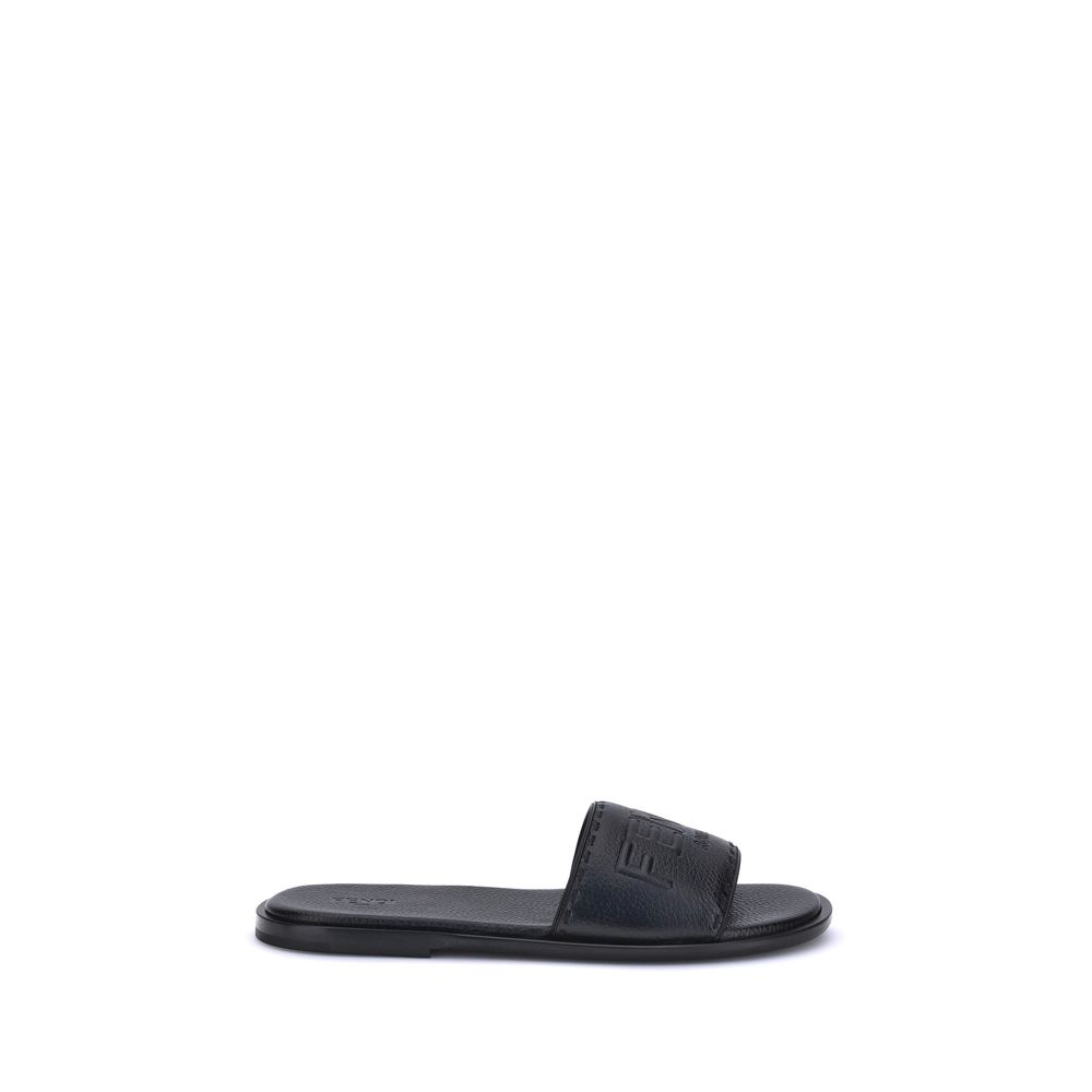 Fendi Black Calf Leather Bos Taurus Flat Sandals | Regal Royce