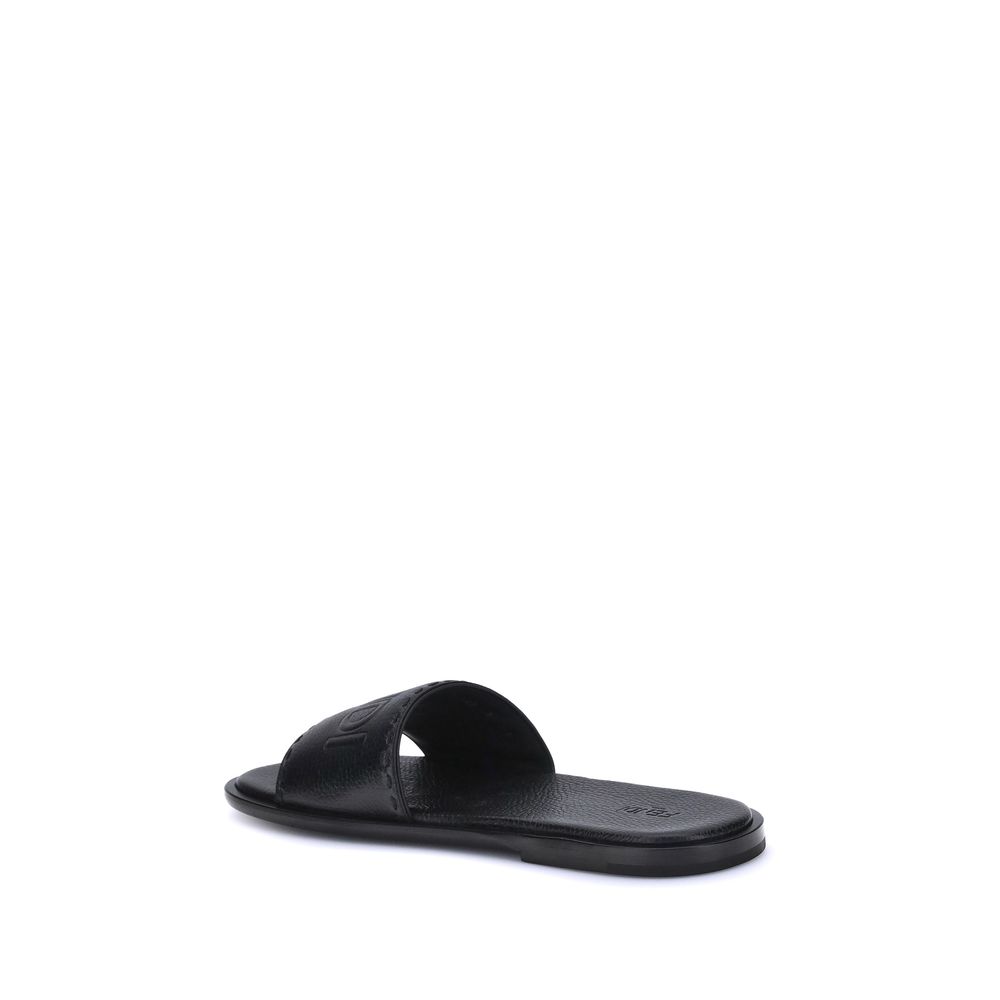 Fendi Black Calf Leather Bos Taurus Flat Sandals | Regal Royce