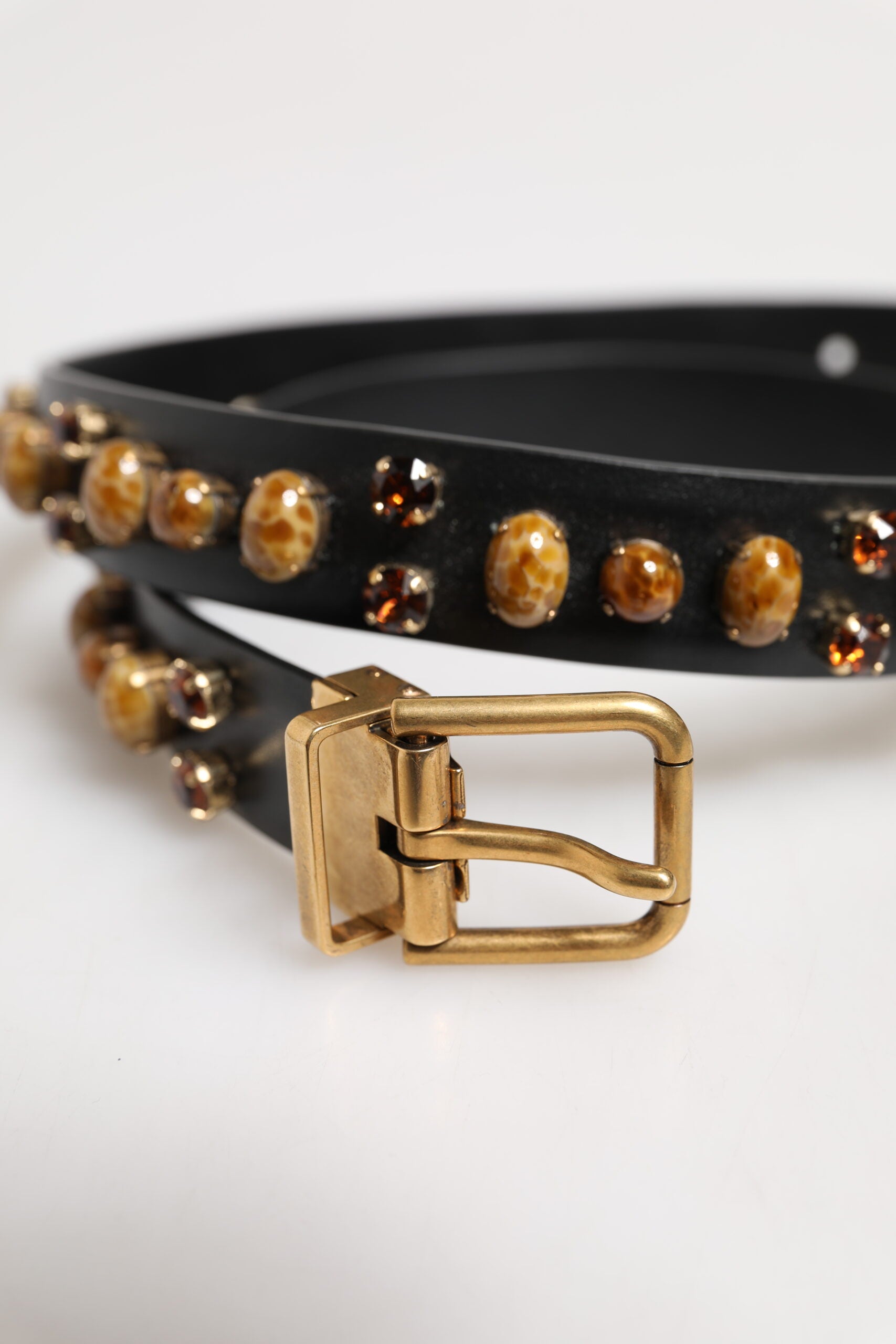 Dolce & Gabbana Black Leather Studded Gold Tone Buckle Belt | Regal Royce