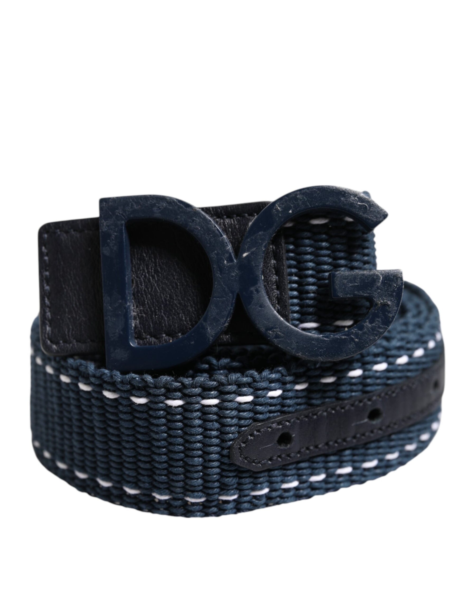 Dolce & Gabbana Blue White Cotton DG Logo Metal Buckle Belt | Regal Royce