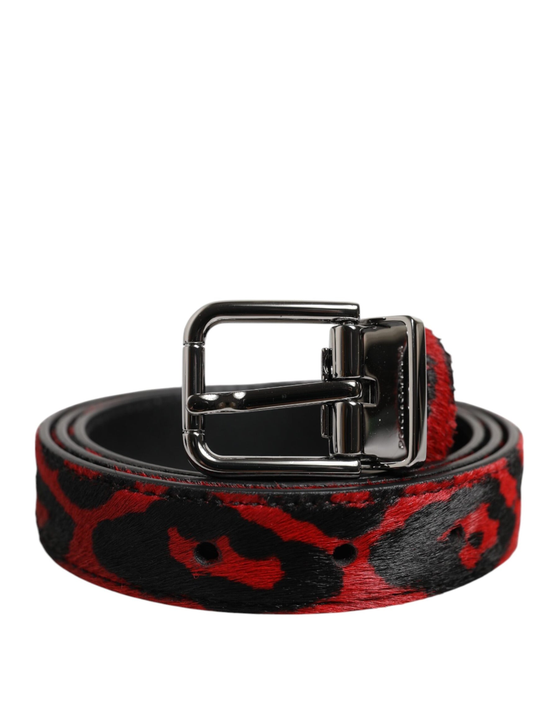Dolce & Gabbana Black Red Leopard Silver Metal Buckle Belt | Regal Royce
