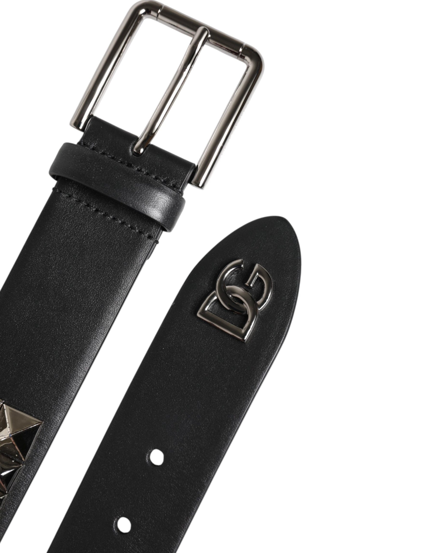 Dolce & Gabbana Black Leather Studded DG Metal Buckle Belt | Regal Royce