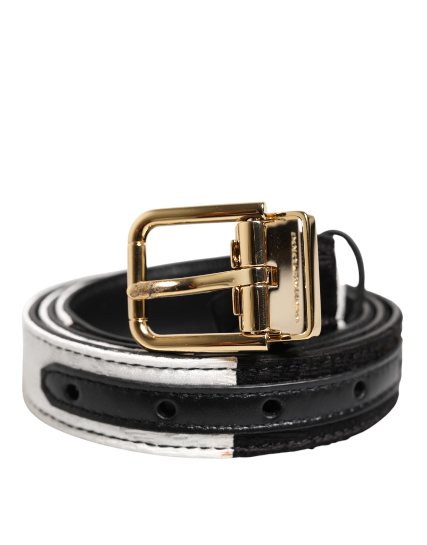 Dolce & Gabbana Black White Patchwork Gold Metal Buckle Belt | Regal Royce