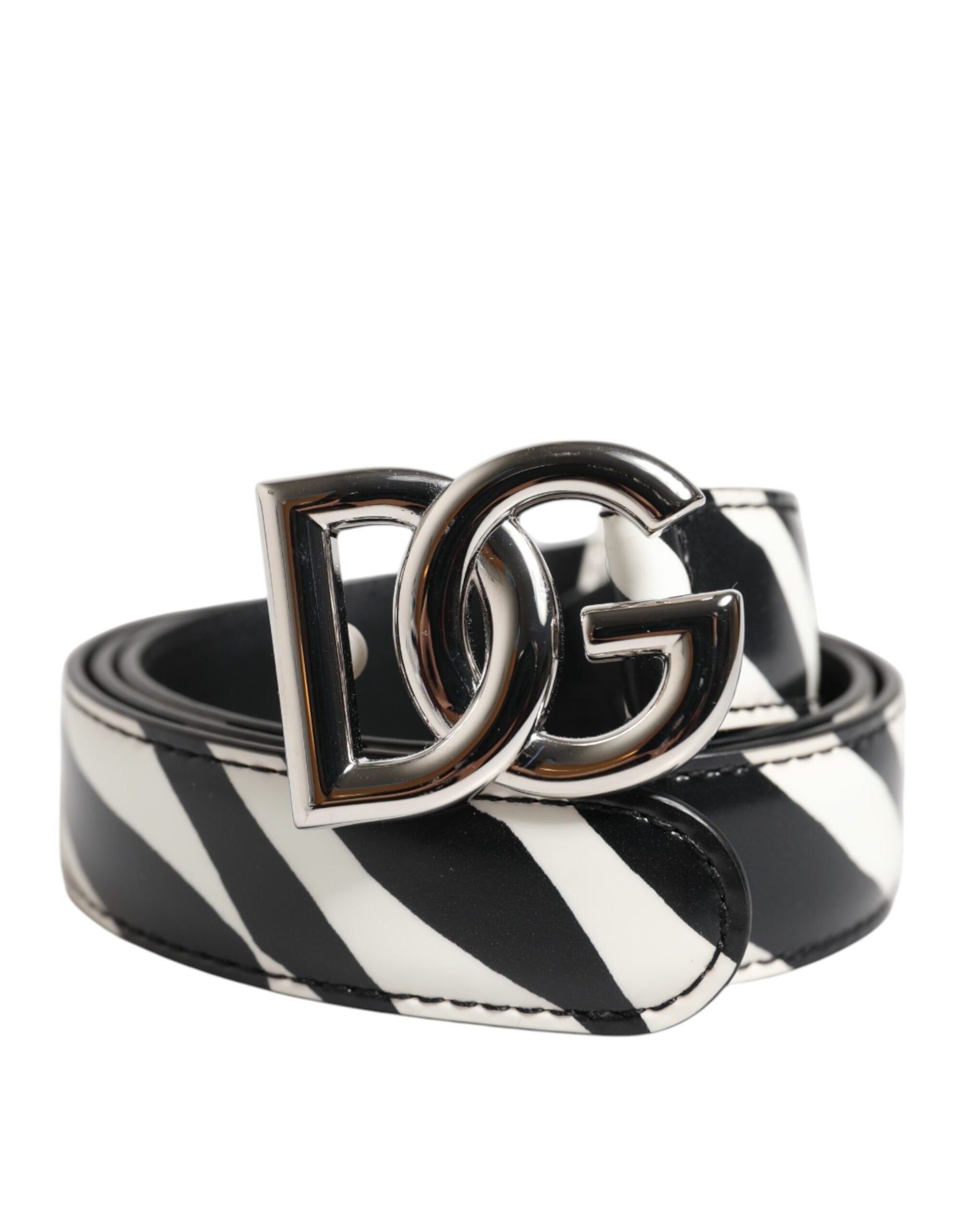 Dolce & Gabbana Black White Leather Silver Metal Buckle Belt | Regal Royce