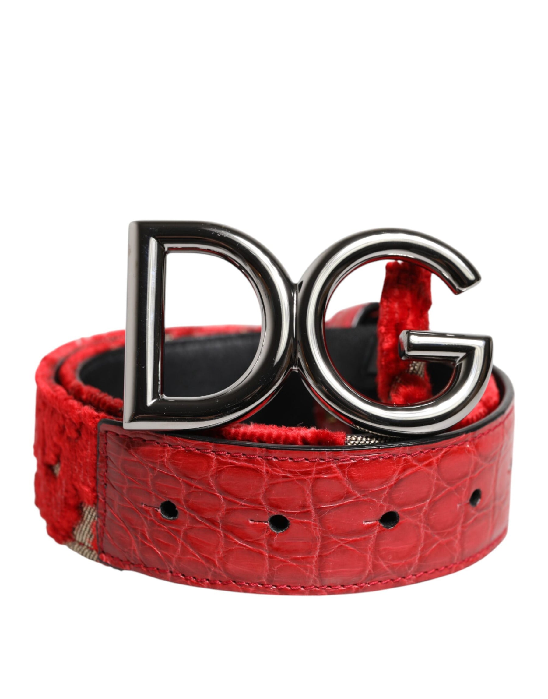 Dolce & Gabbana Red Viscose Silver DG Logo Metal Buckle Belt | Regal Royce