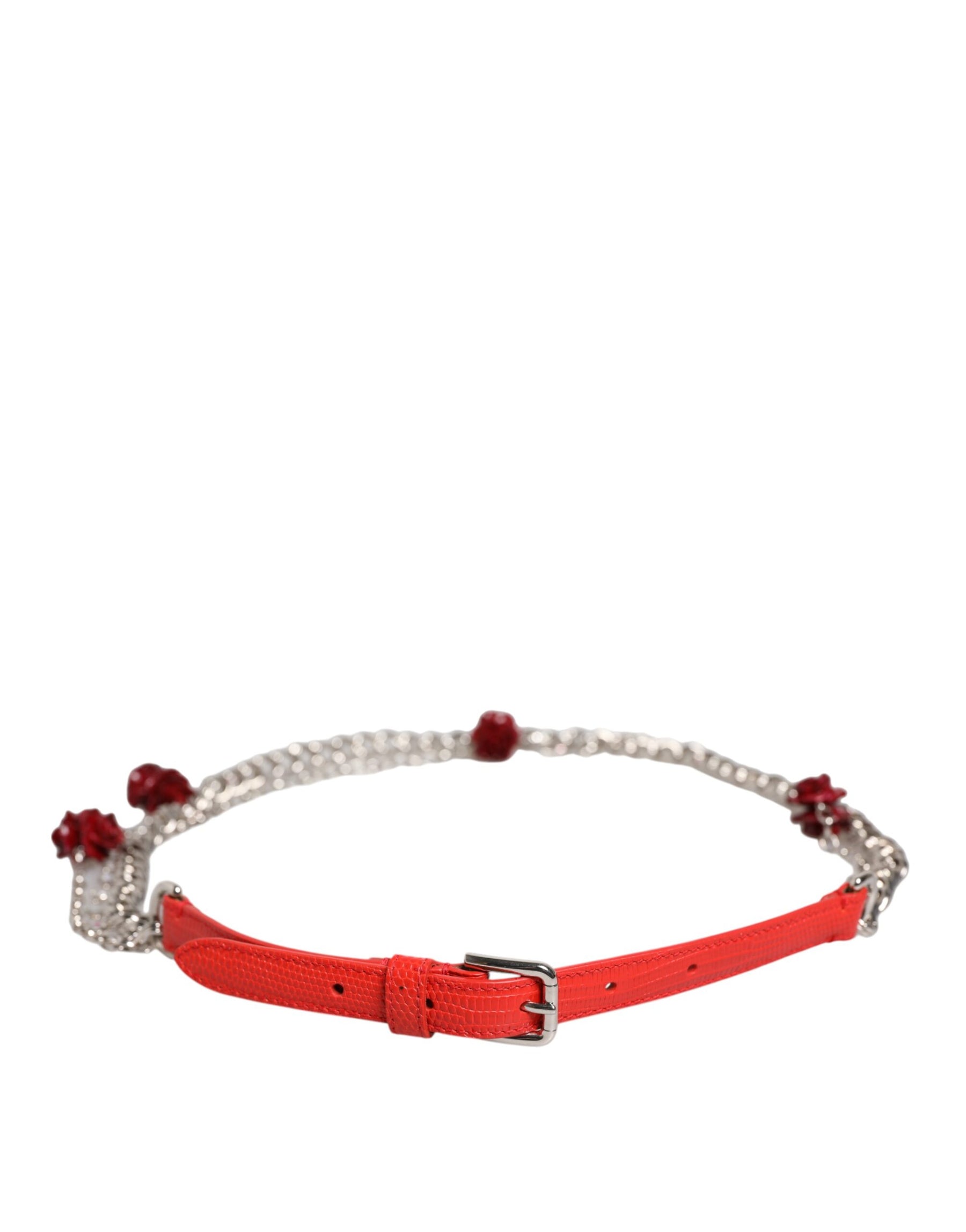 Dolce & Gabbana Red Leather Silver Chain Floral Cintura Belt | Regal Royce
