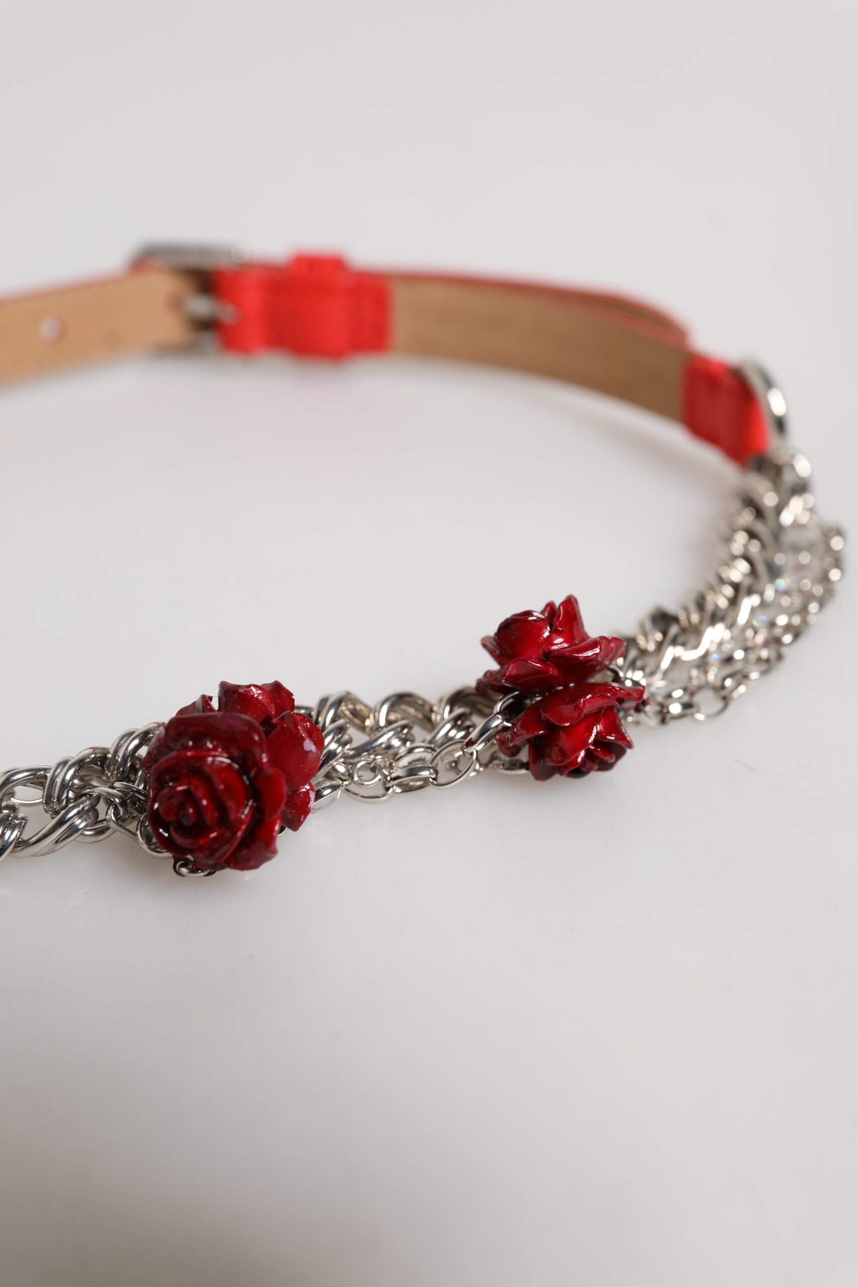 Dolce & Gabbana Red Leather Silver Chain Floral Cintura Belt | Regal Royce