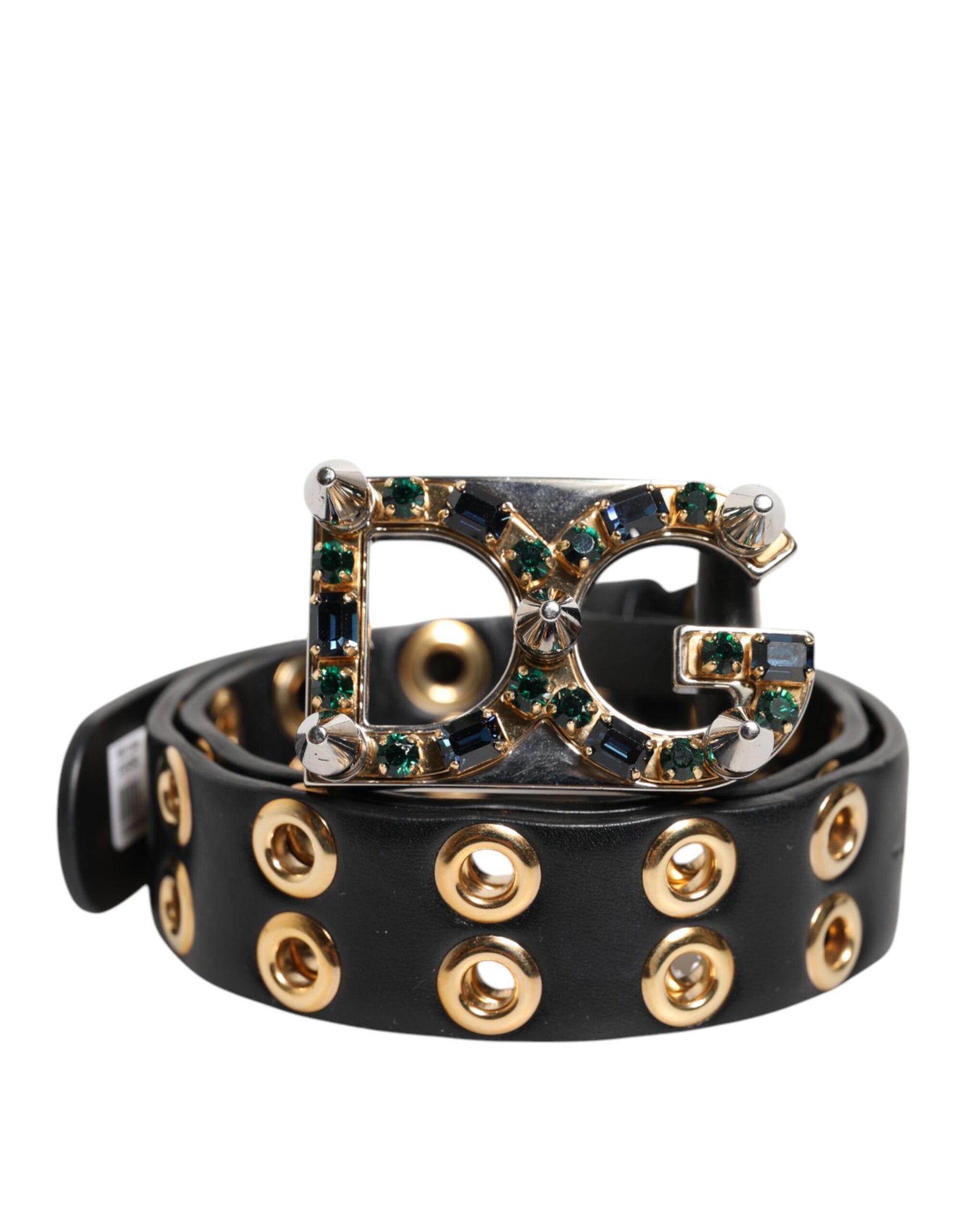 Dolce & Gabbana Black Leather Eyelet Crystal DG Buckle Belt | Regal Royce