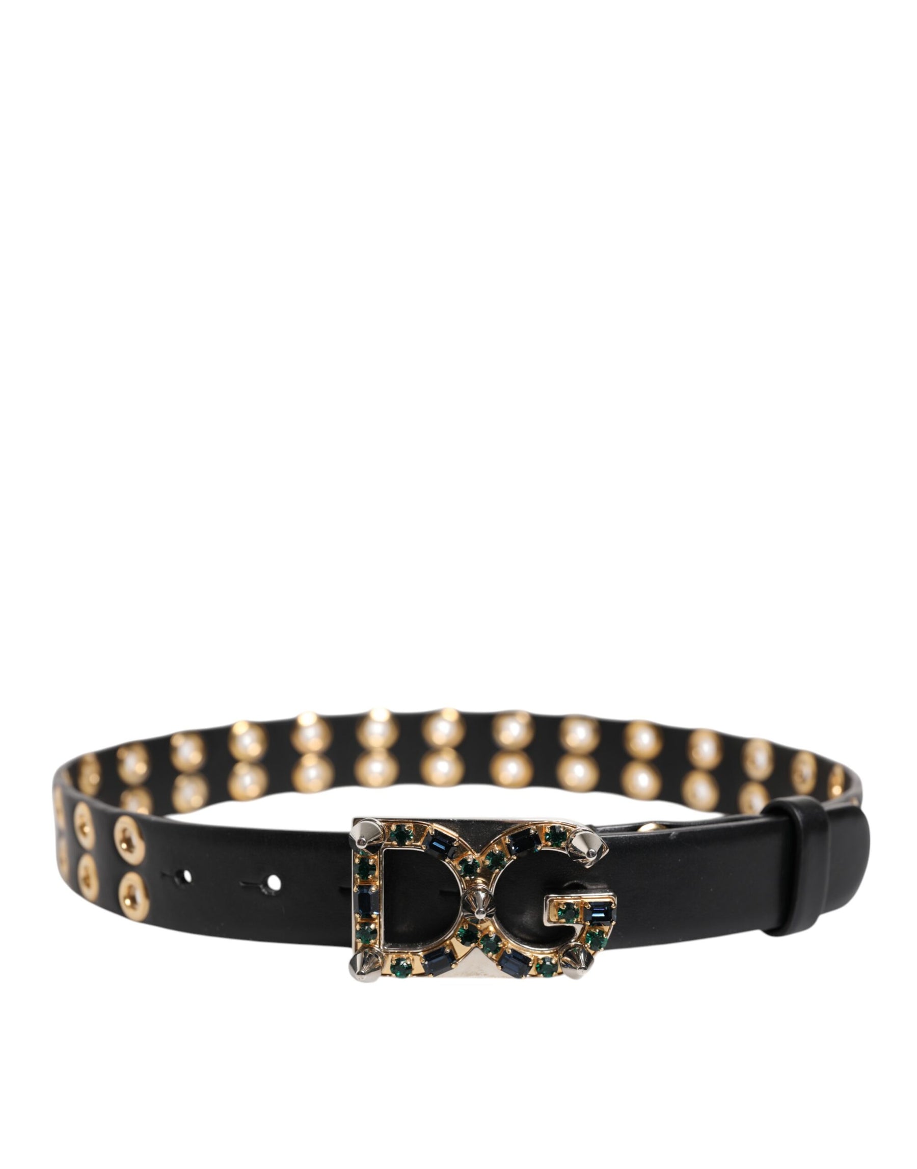 Dolce & Gabbana Black Leather Eyelet Crystal DG Buckle Belt | Regal Royce