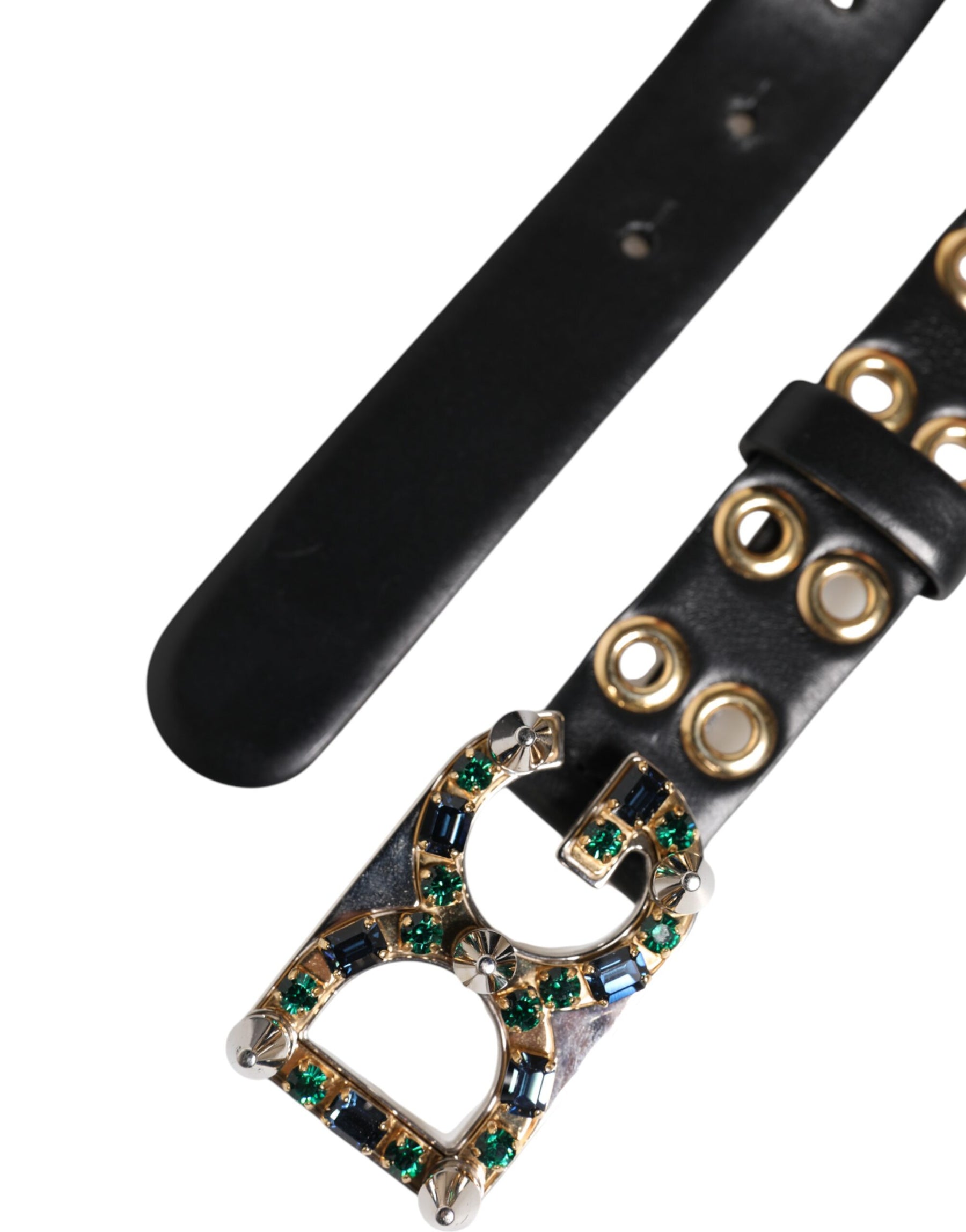 Dolce & Gabbana Black Leather Eyelet Crystal DG Buckle Belt | Regal Royce