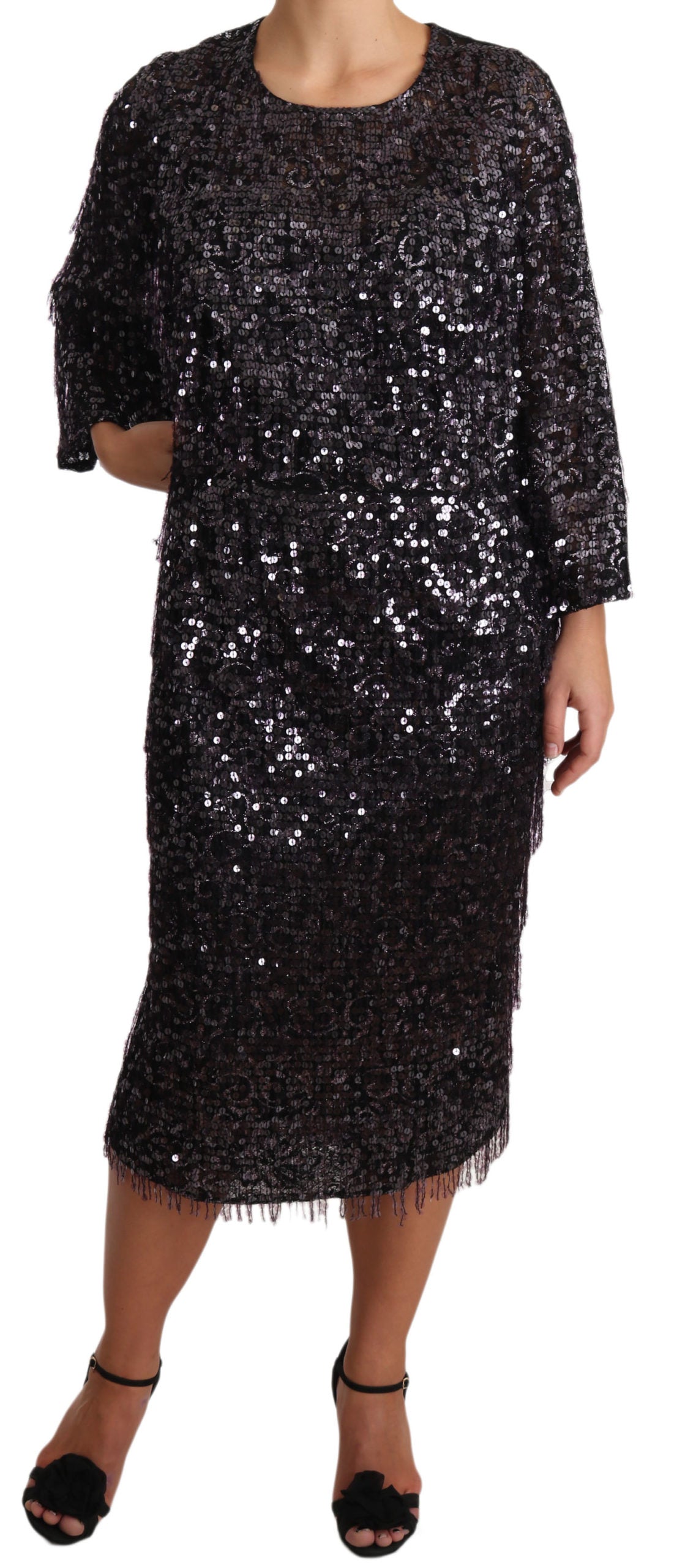Dolce & Gabbana Black Sequined Long Sleeve Shift Midi Dress | Regal Royce