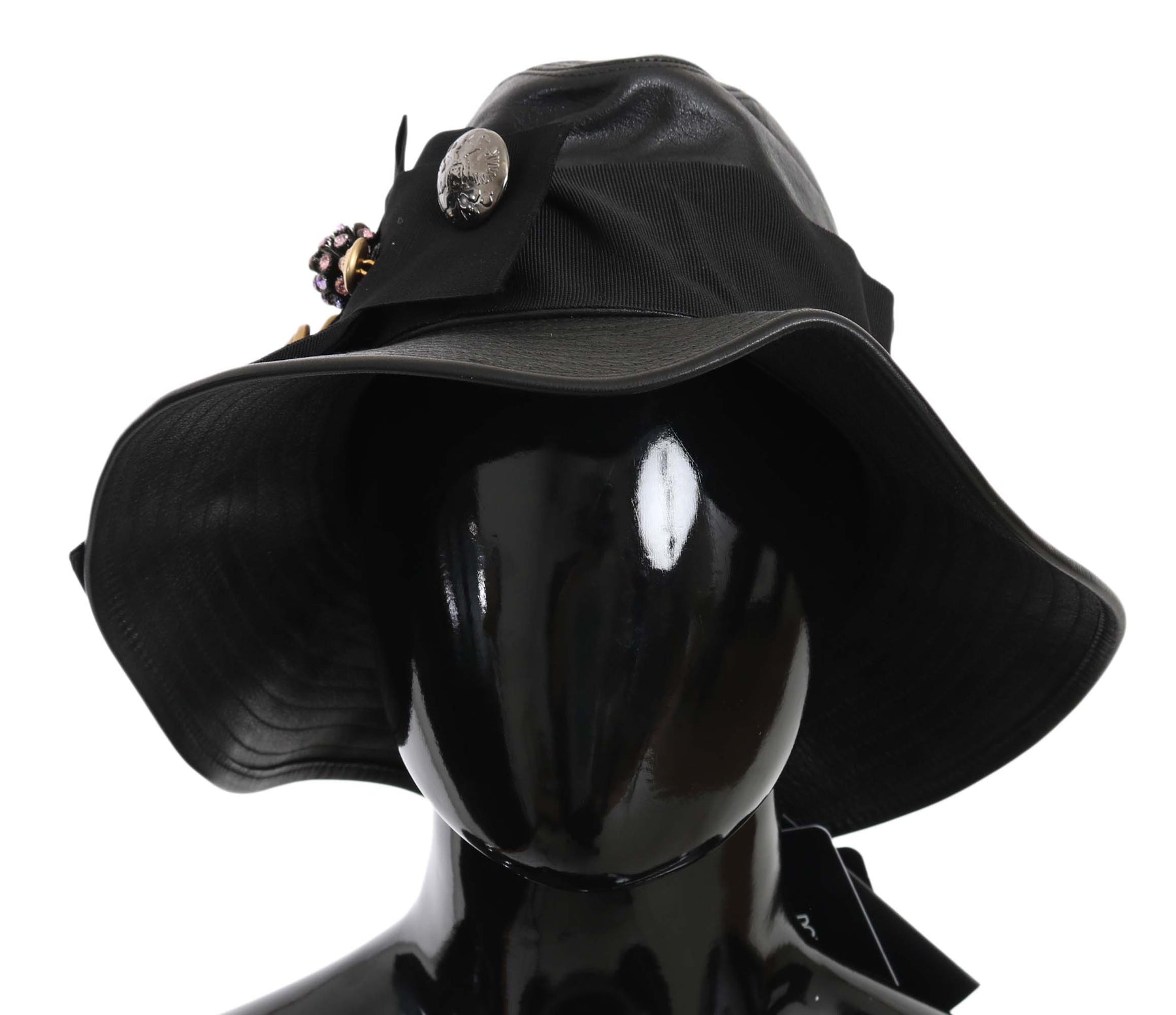 Dolce & Gabbana Black Leather DG Coin Crystal Wide Brim Hat | Regal Royce